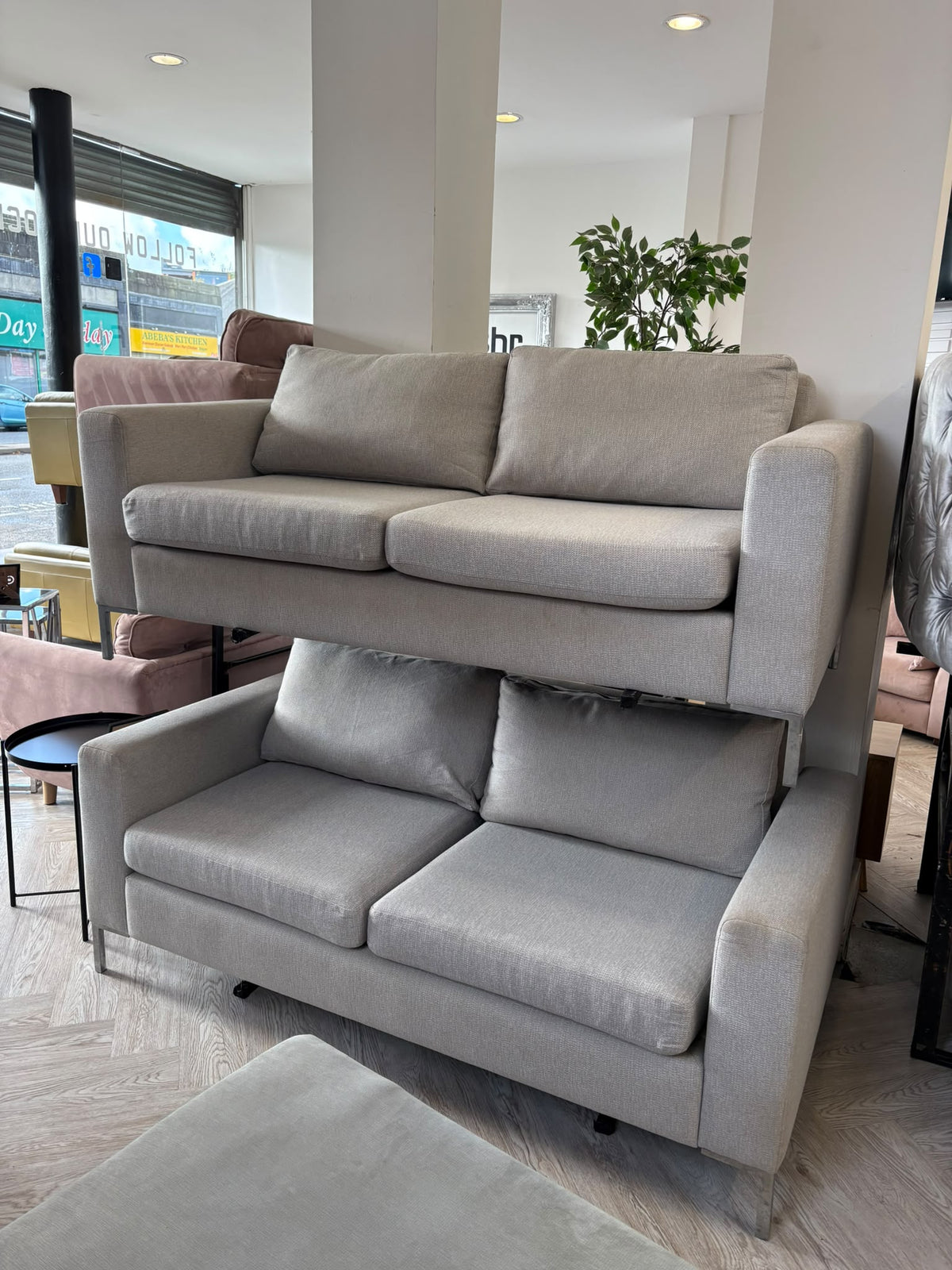 Contemporary Greige Fabric 2 x 2 Seater Sofas #
