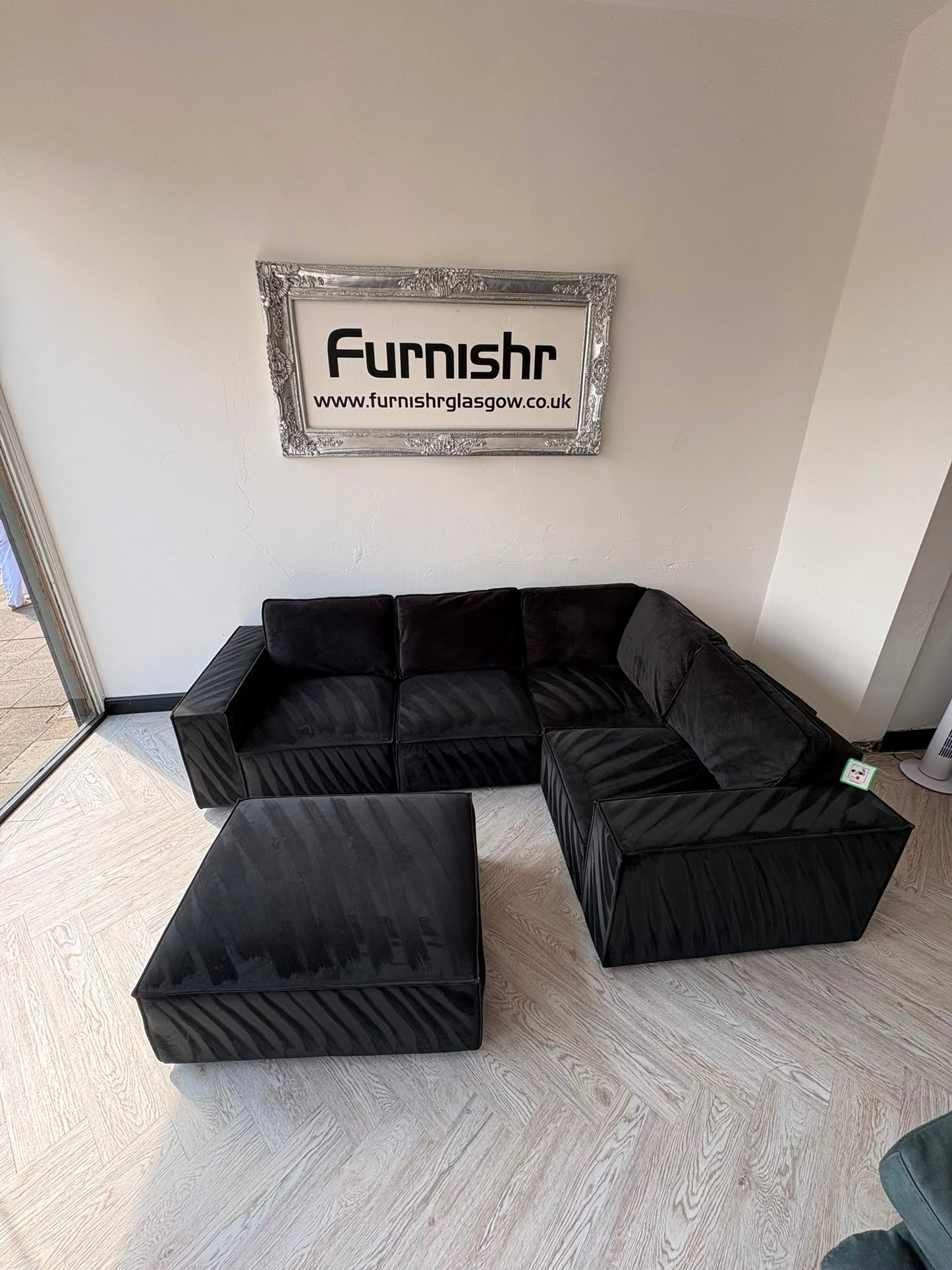 DUSK Black Plush Velvet Corner Sofa & Footstool #