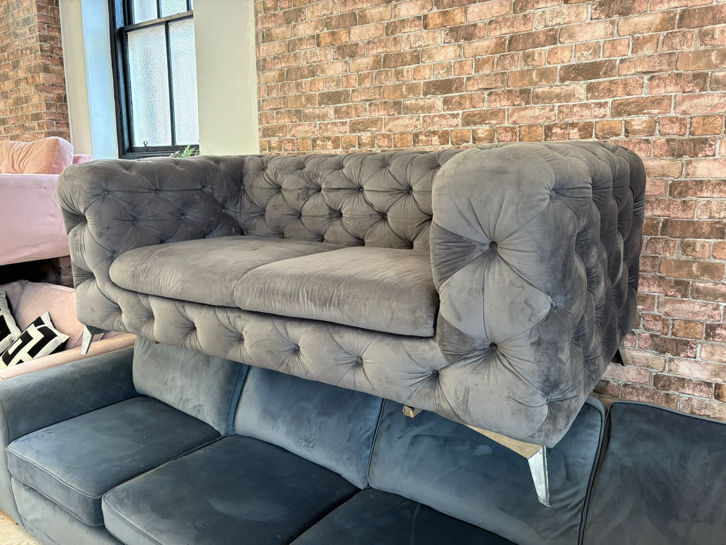 Bespoke Chesterfield Style, Light Grey Plush 2 Seater Sofa @#