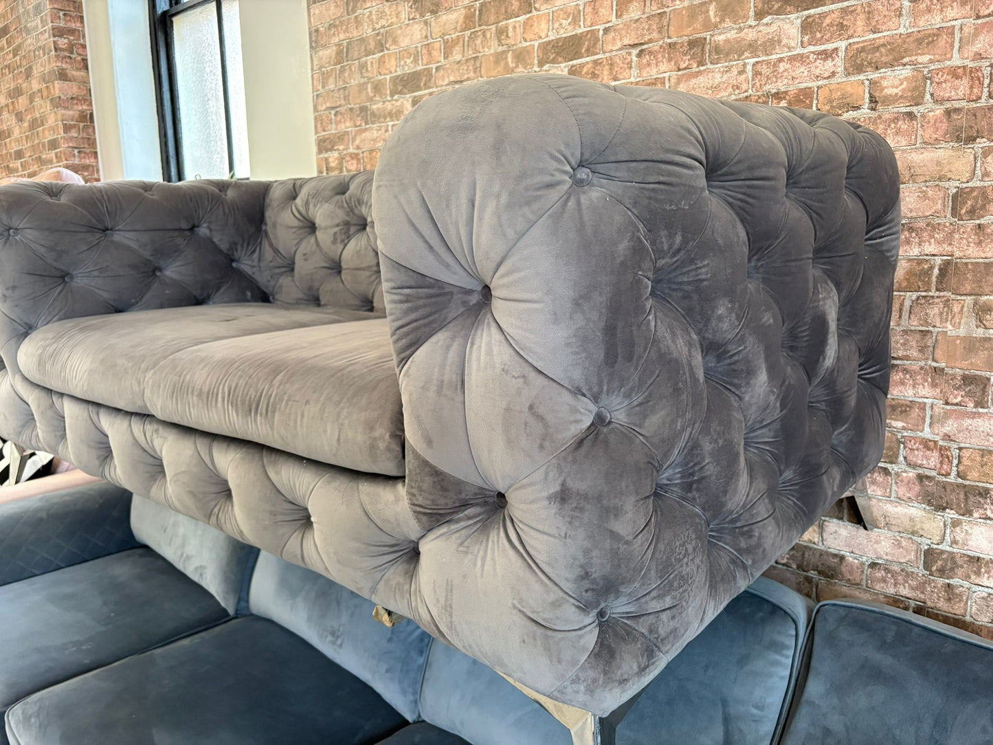 Bespoke Chesterfield Style, Light Grey Plush 2 Seater Sofa @#