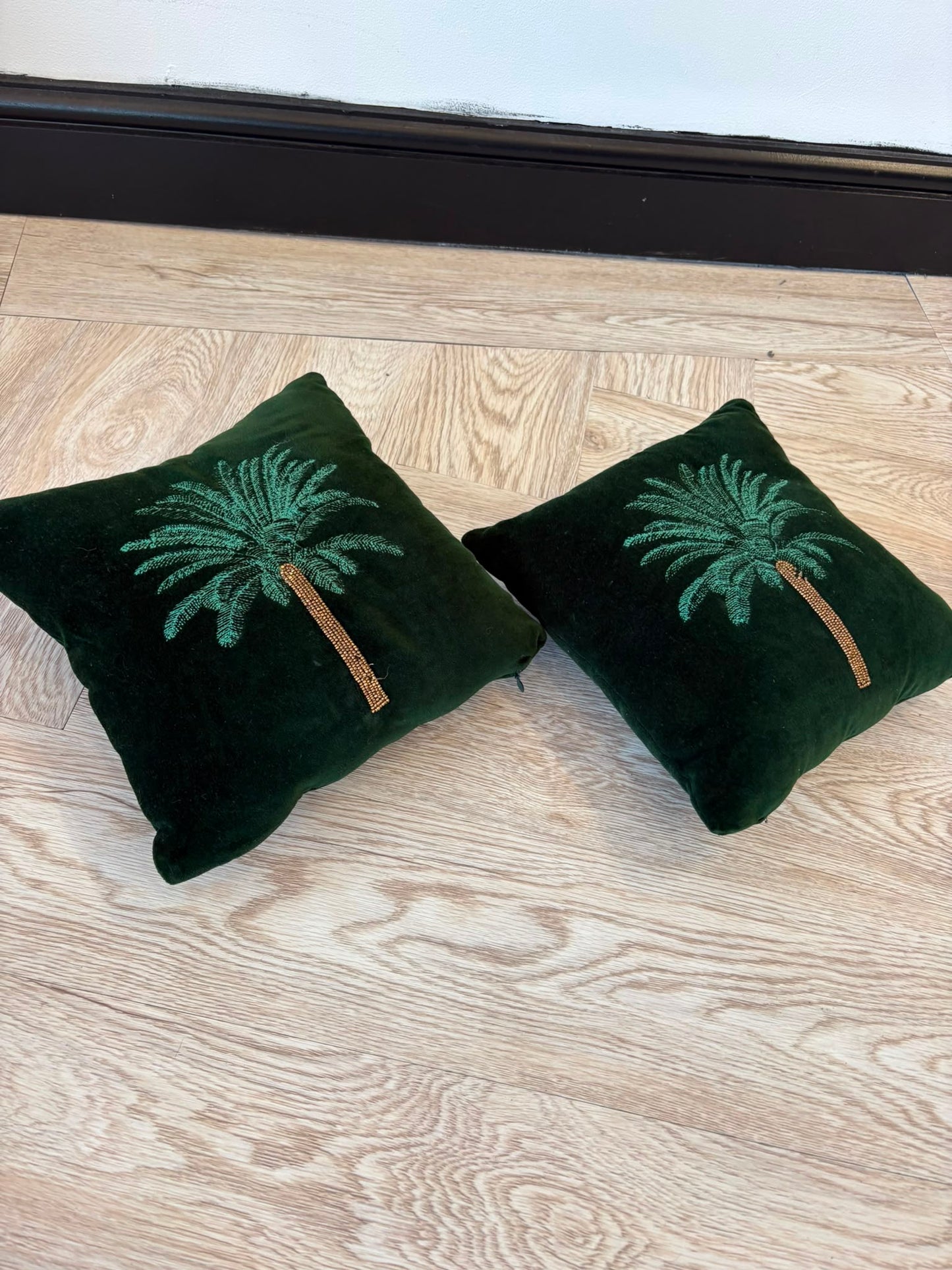 The Range Pair of Small Green Velvet Palmtree Cushions 28cm by 28cm
