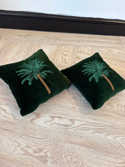 The Range Pair of Small Green Velvet Palmtree Cushions 28cm by 28cm