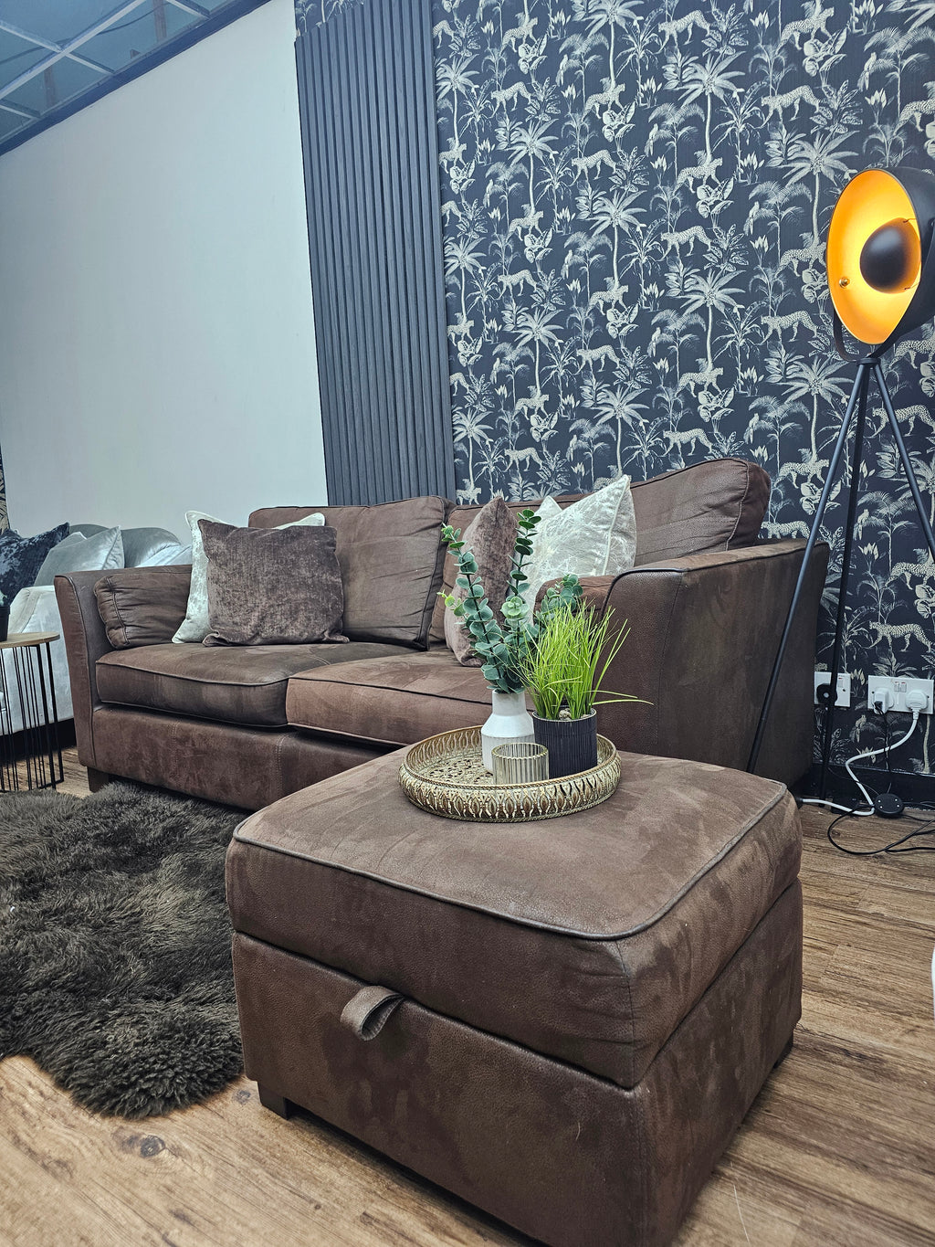 Furniture Village Nubuck Leather 3 Seater Sofa & Ottoman Footstool