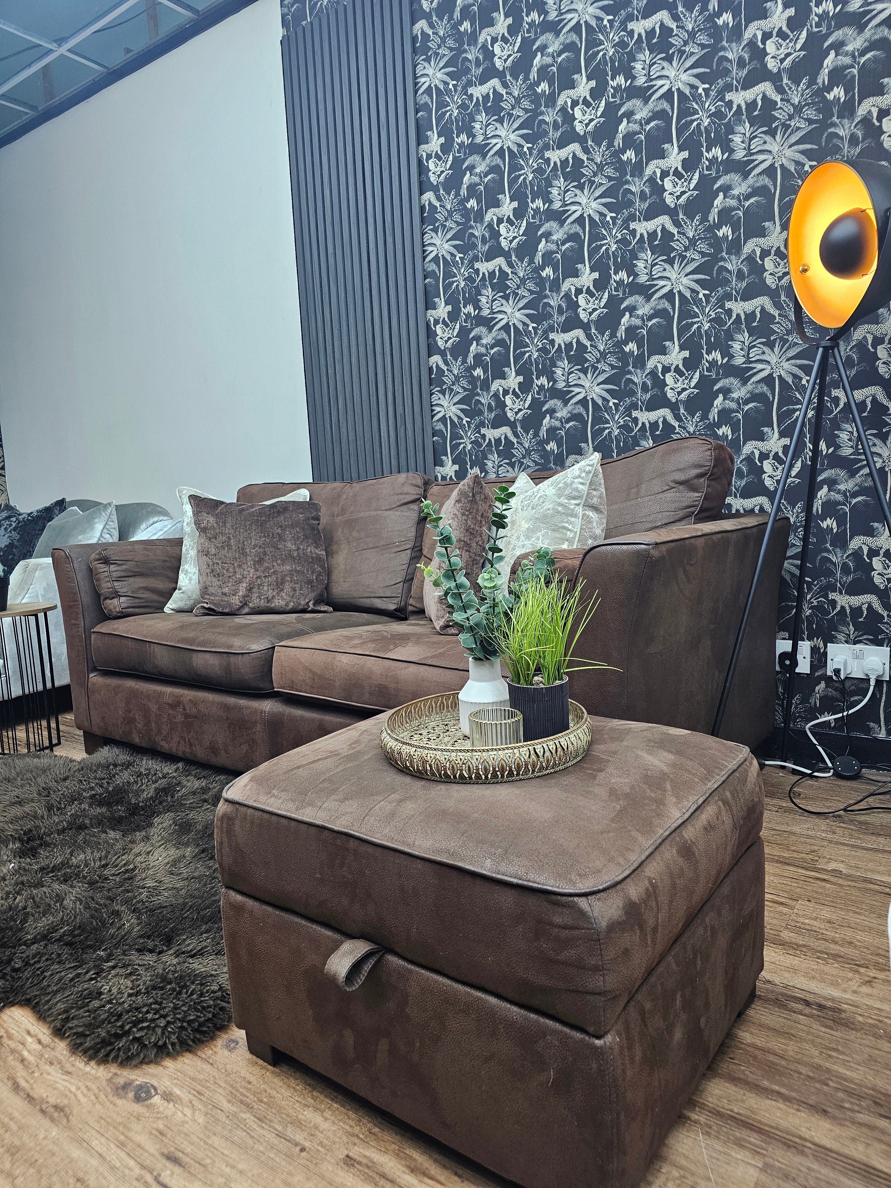 Furniture Village Nubuck Leather 3 Seater Sofa & Ottoman Footstool