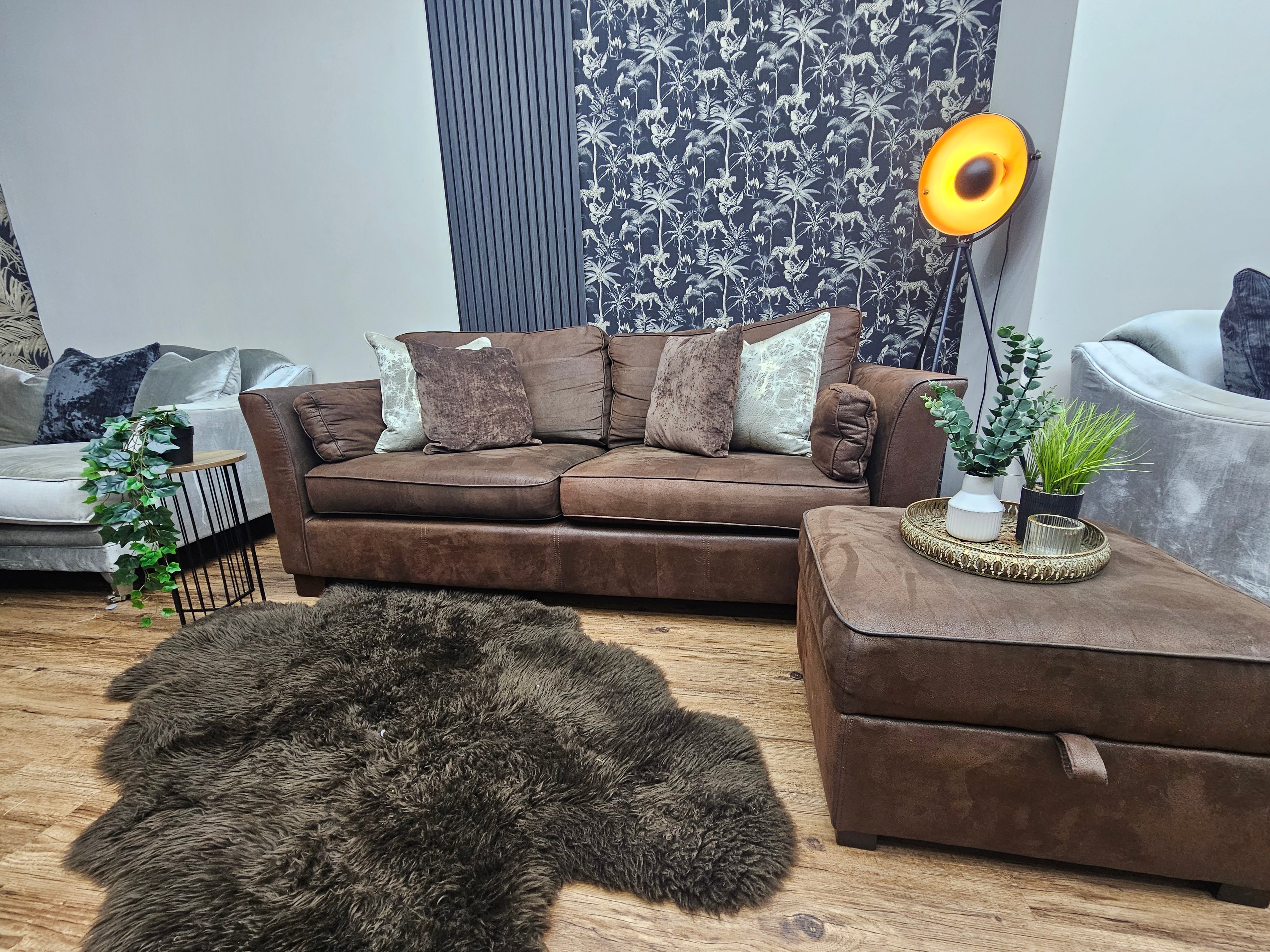 Furniture Village Nubuck Leather 3 Seater Sofa & Ottoman Footstool