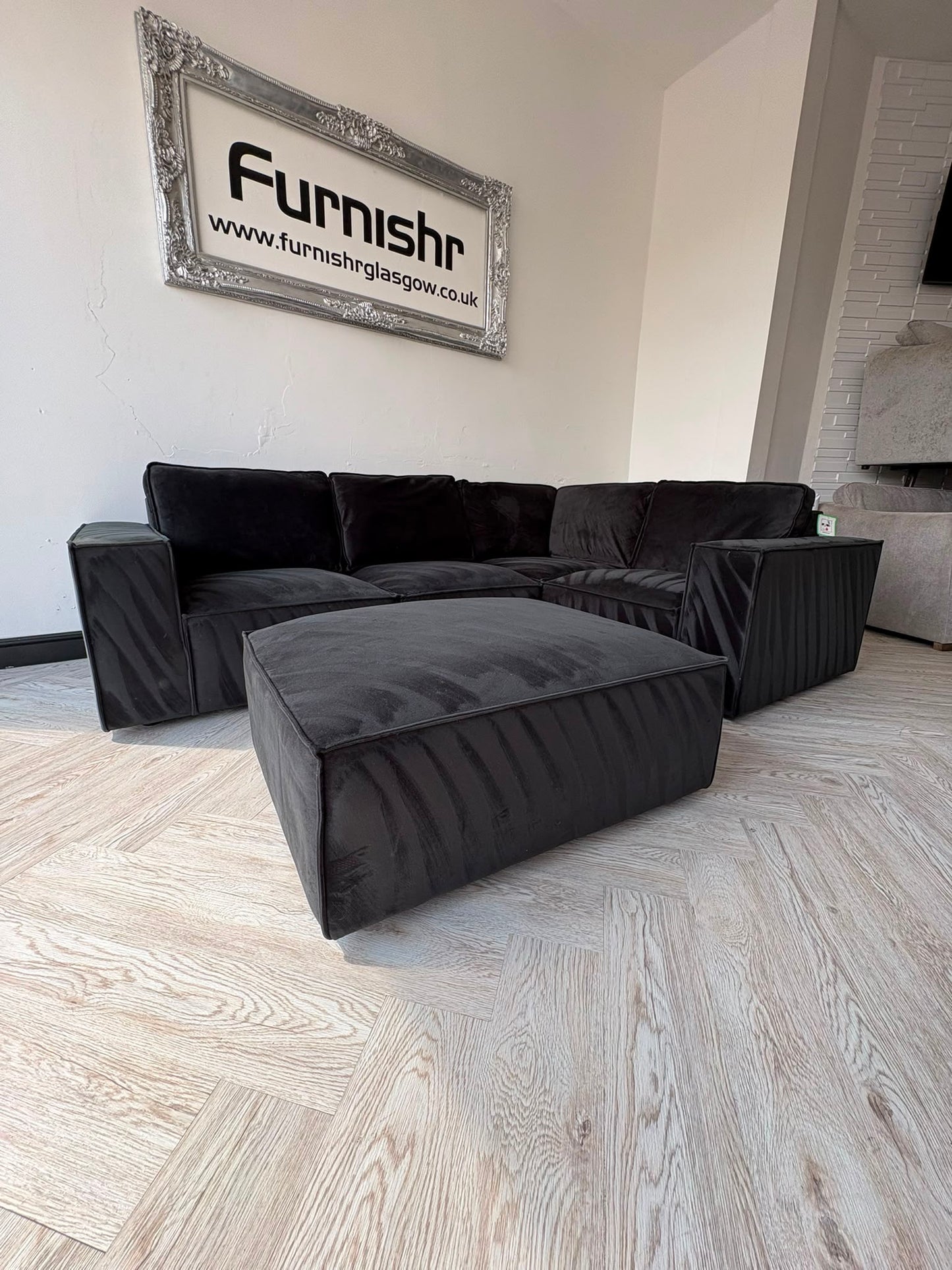 DUSK Black Plush Velvet Corner Sofa & Footstool #