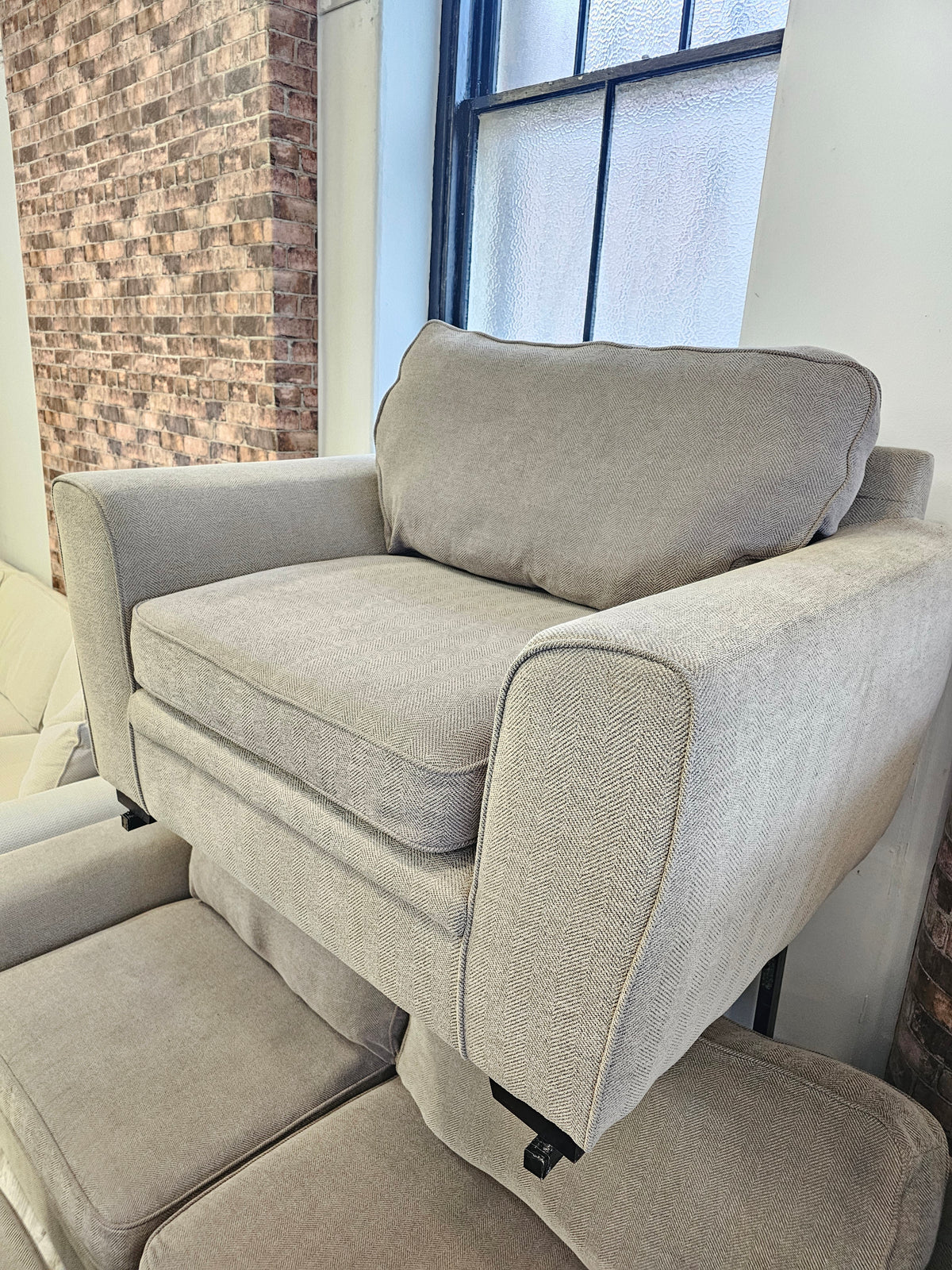 CLEARANCE Sofology Chalfont 3 Seater Sofa, Chair & Footstool in Beige/Taupe @