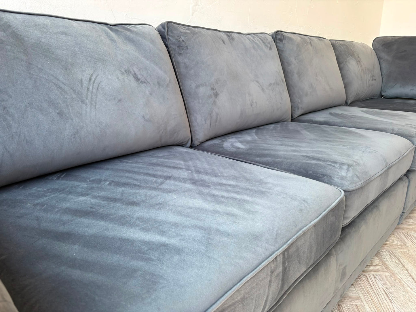 DFS Orka Large Corner Sofa, with removable extra section, in Denim Blue Sensual Velvet #