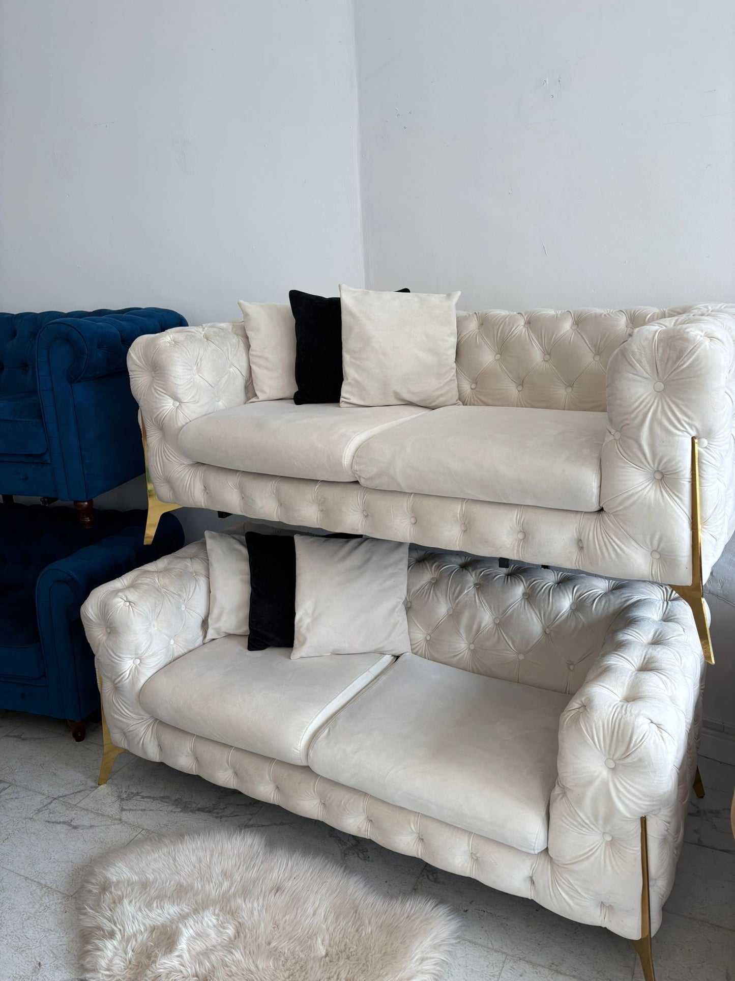 Cream Velour Sofas Chesterfield Style
