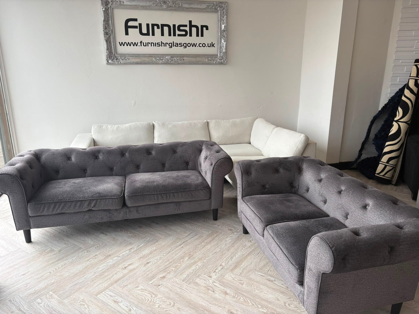 Dusk Grey Soft Fabric Chesterfield 3 & 2 Seater Sofas @
