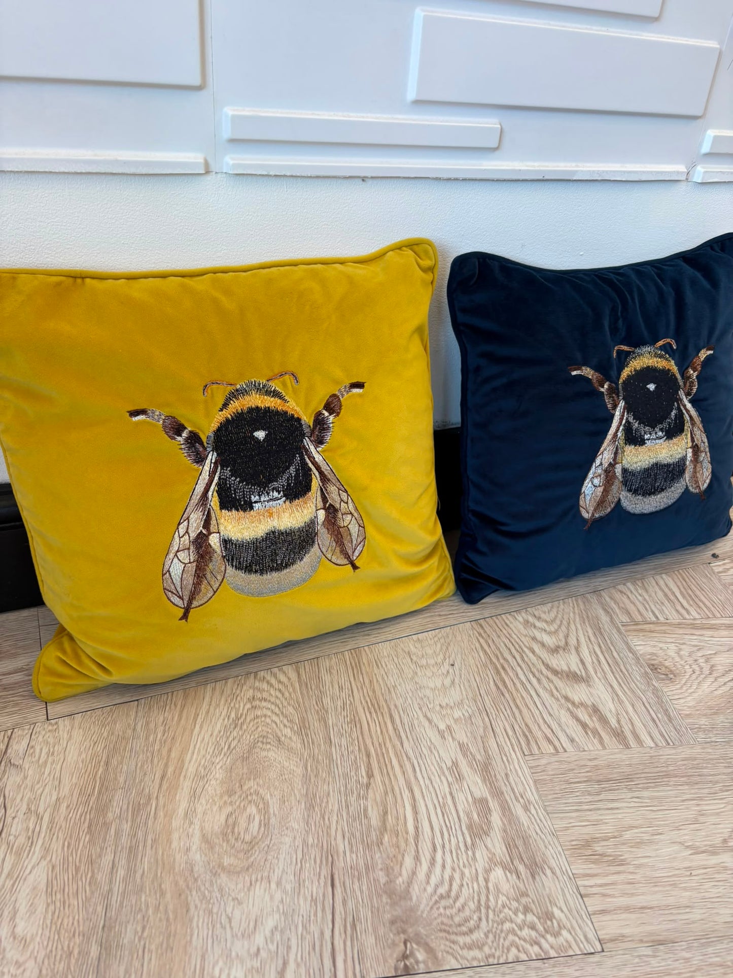 Dunelm Pair of Medium Contrasting Blue & Mustard Velvet Bumblebee Cushions 40cm by 40cm