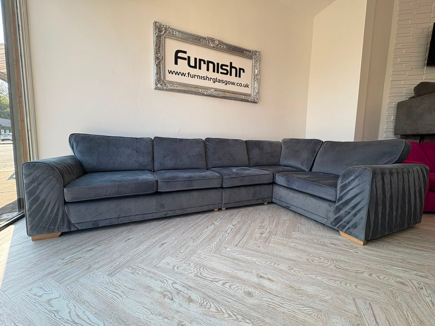 DFS Orka Large Corner Sofa, with removable extra section, in Denim Blue Sensual Velvet #