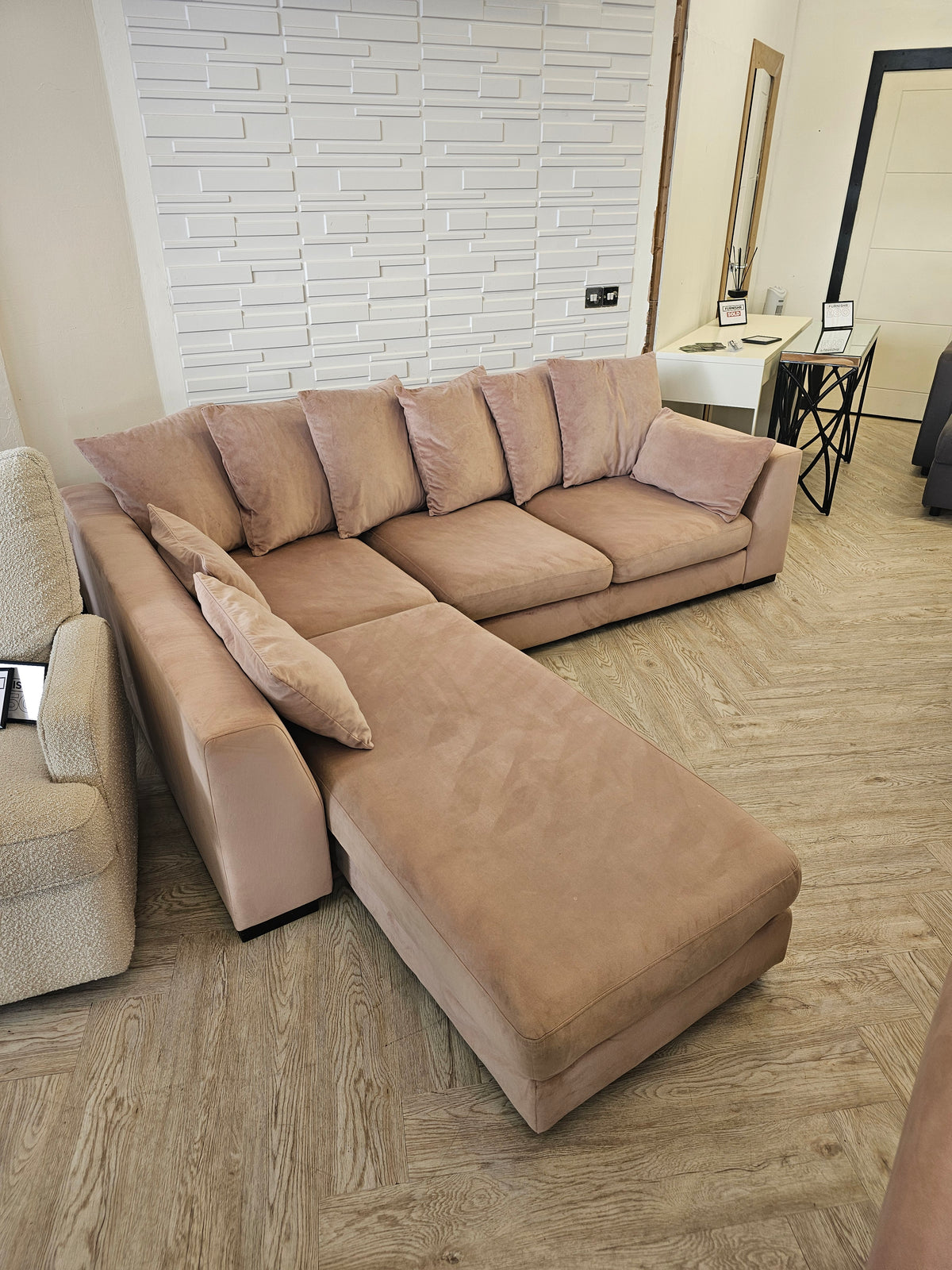 DFS SPINN Swivel Sofa Bed/ Corner Chaise in Blush Plush Pink Fabric @