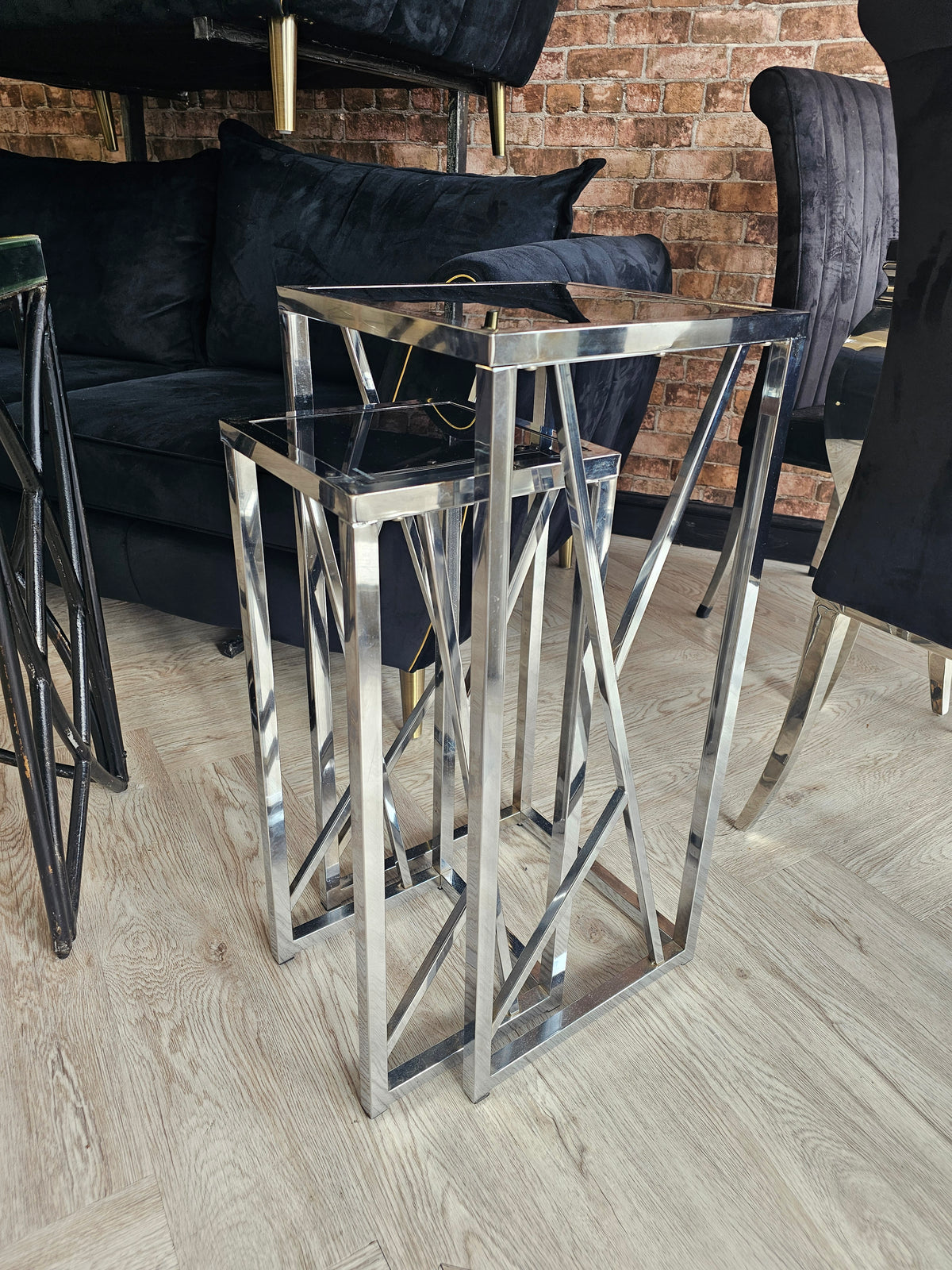 Tall Side Tables/ Plant Stands in Chrome & Black Glass @