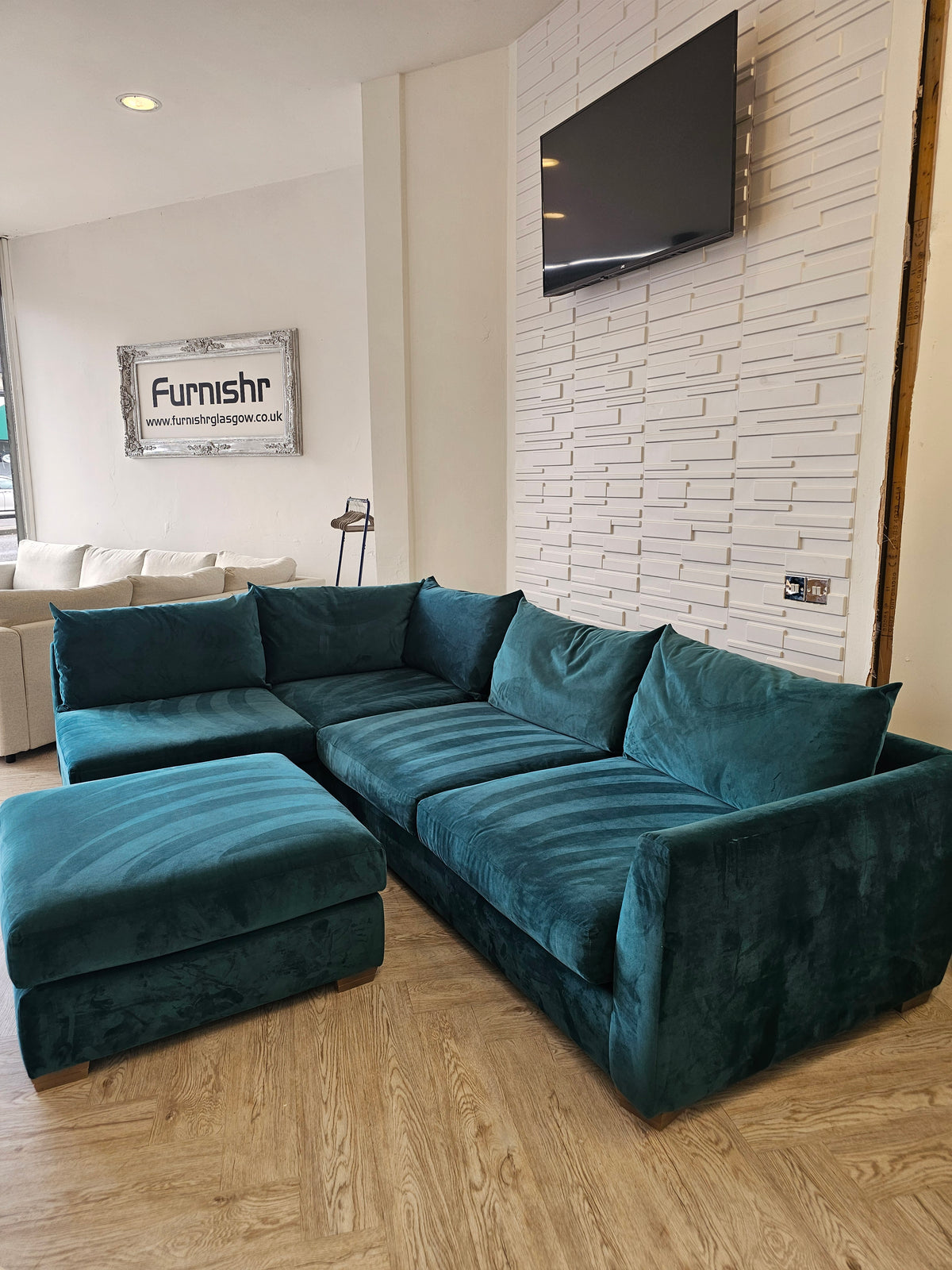 Teal Plush Corner Sofa & Footstool @#