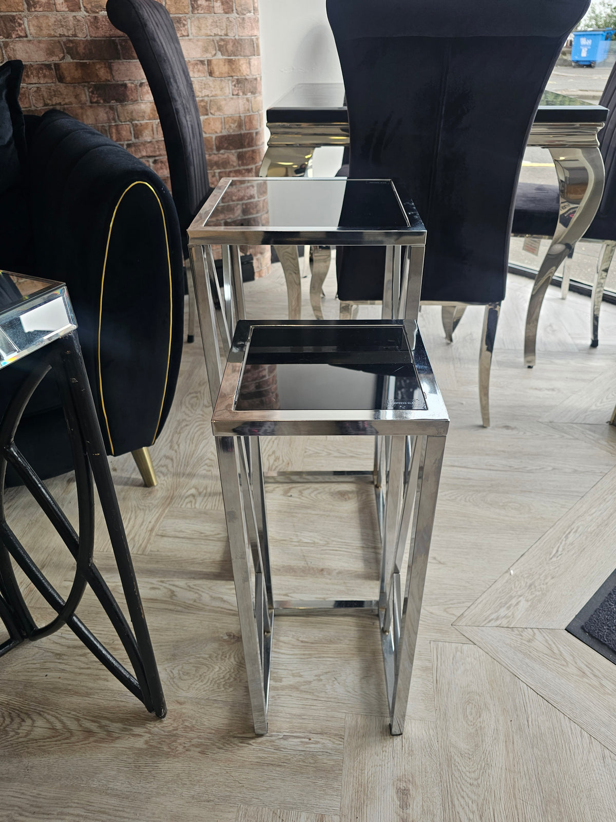 Tall Side Tables/ Plant Stands in Chrome & Black Glass @