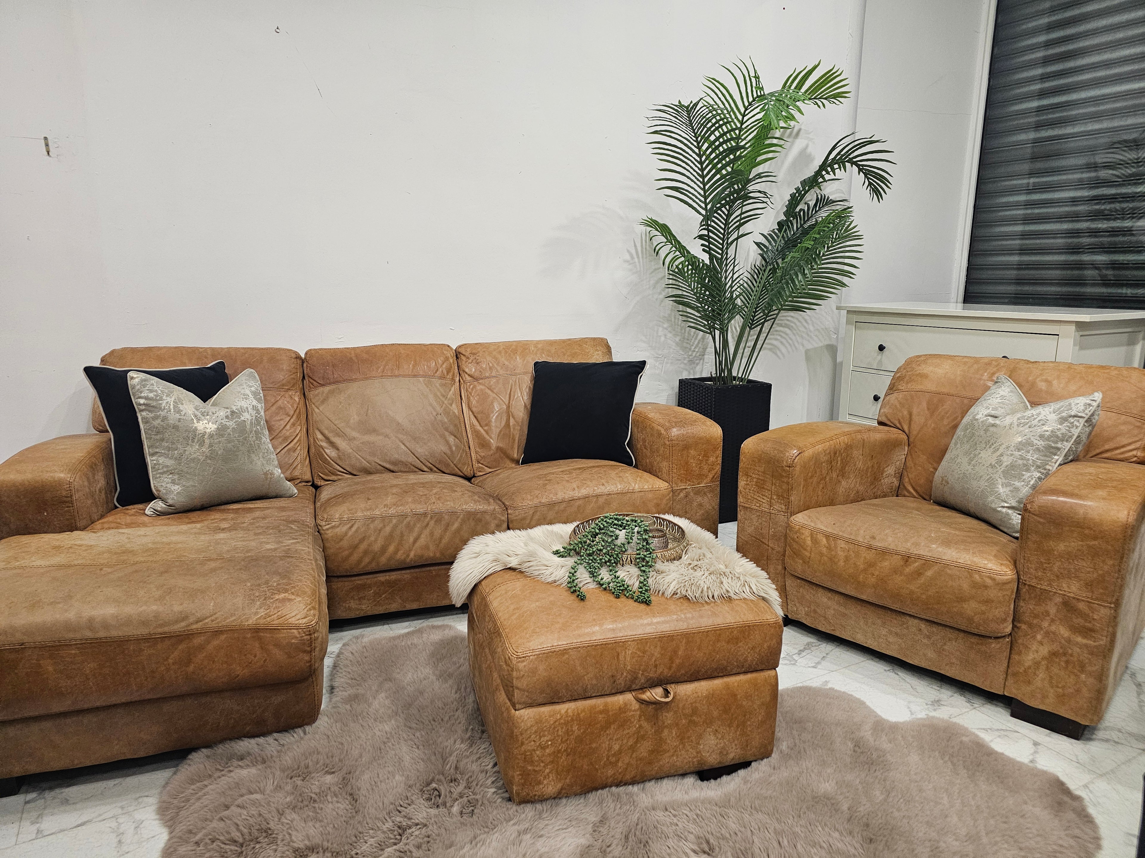 DFS Distressed Tan Leather Corner Sofa, Armchair & Ottoman