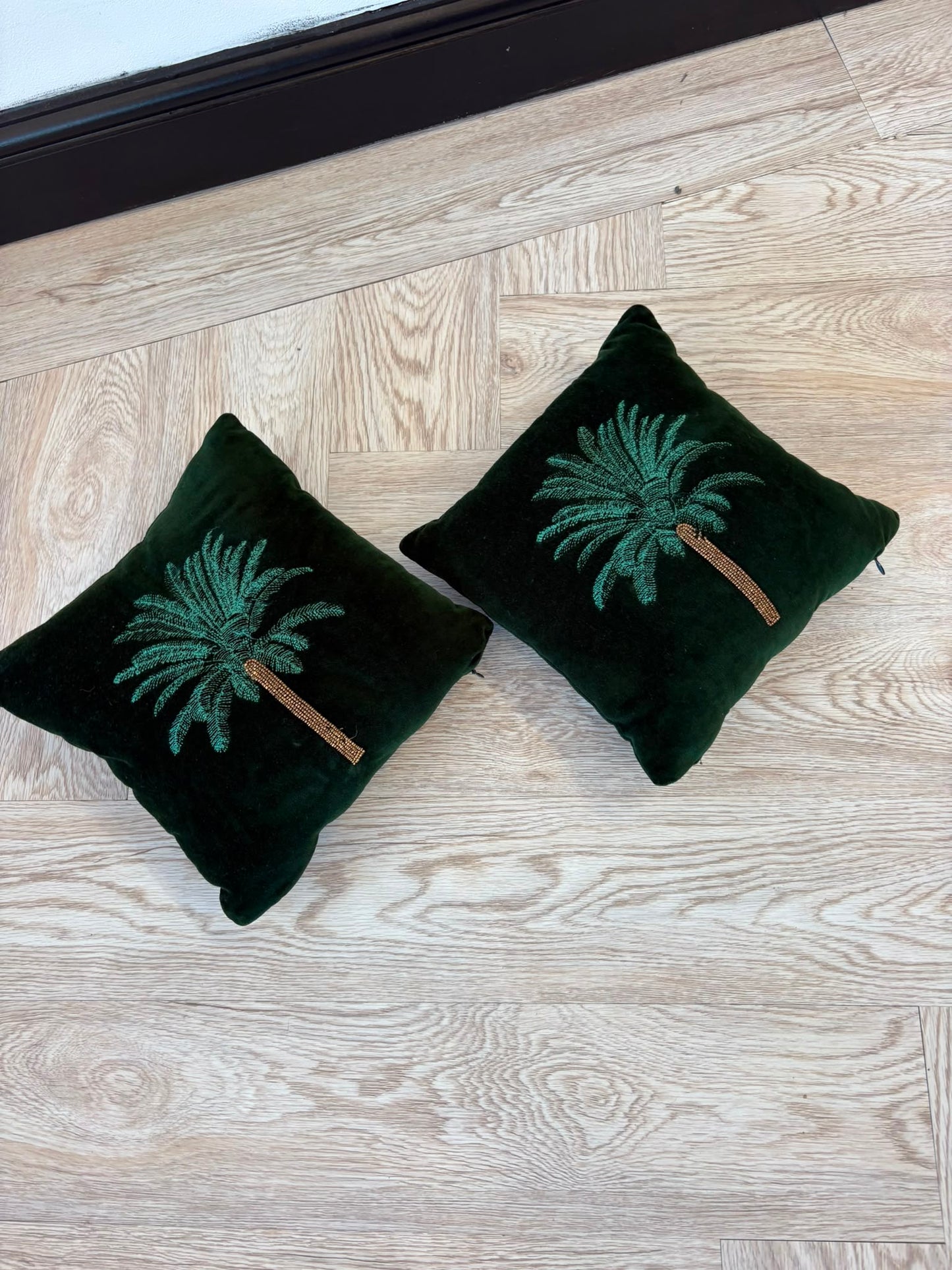 The Range Pair of Small Green Velvet Palmtree Cushions 28cm by 28cm