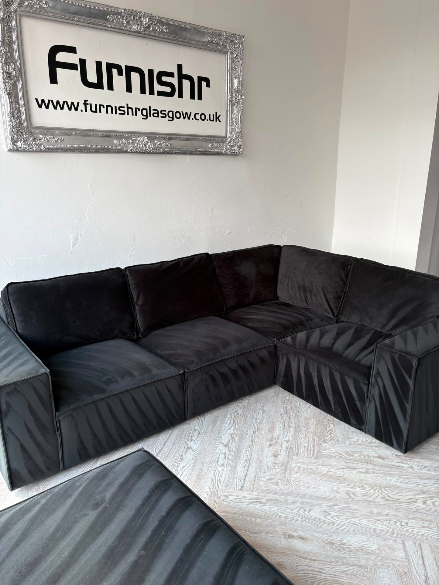 DUSK Black Plush Velvet Corner Sofa & Footstool #