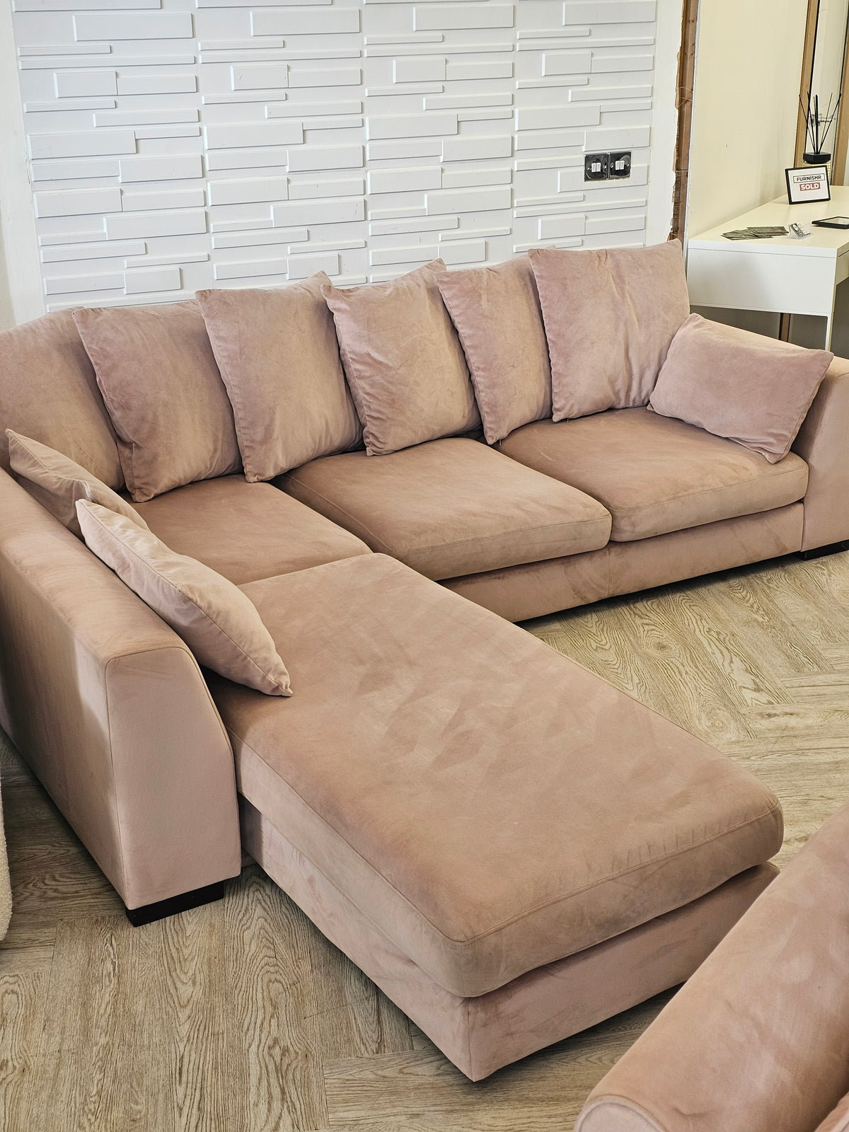 DFS SPINN Swivel Sofa Bed/ Corner Chaise in Blush Plush Pink Fabric @