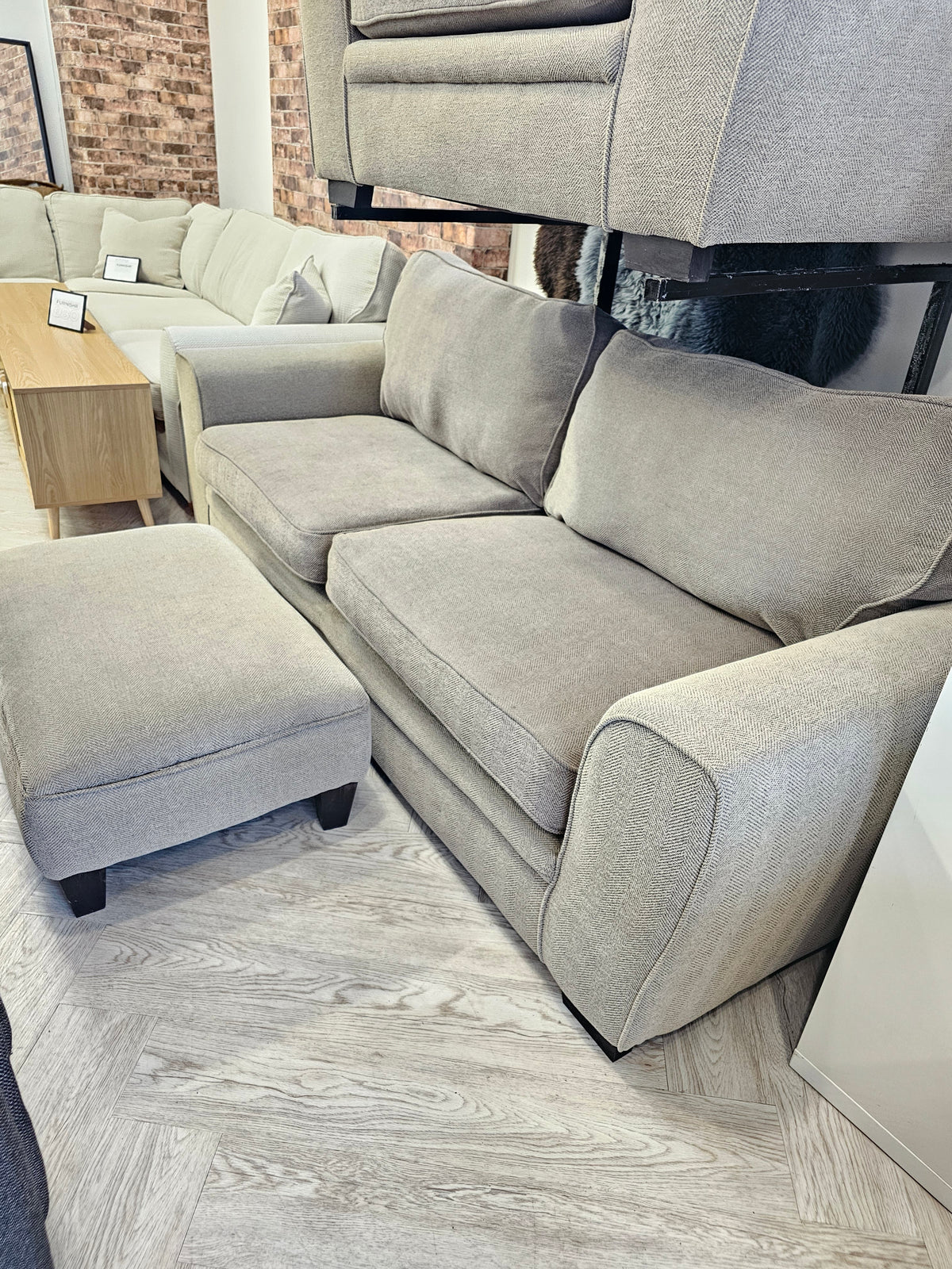 CLEARANCE Sofology Chalfont 3 Seater Sofa, Chair & Footstool in Beige/Taupe @