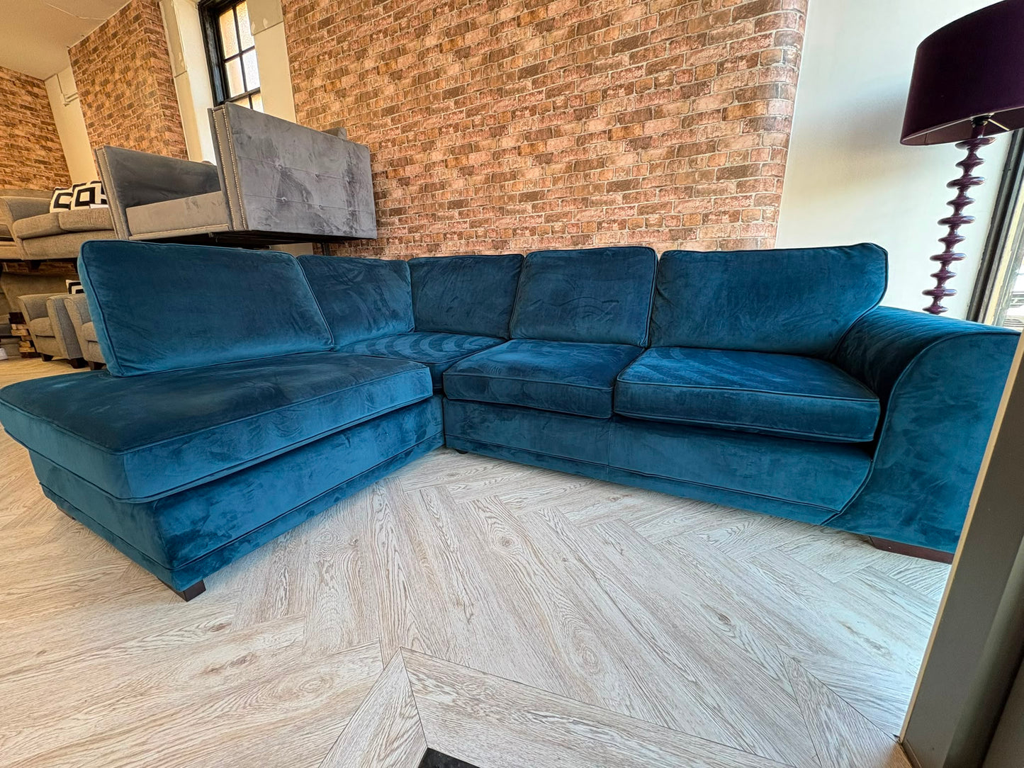 DFS Orka Corner Sofa in Dark Blue Sensual Plush Velvet (Immaculate Condition)@#