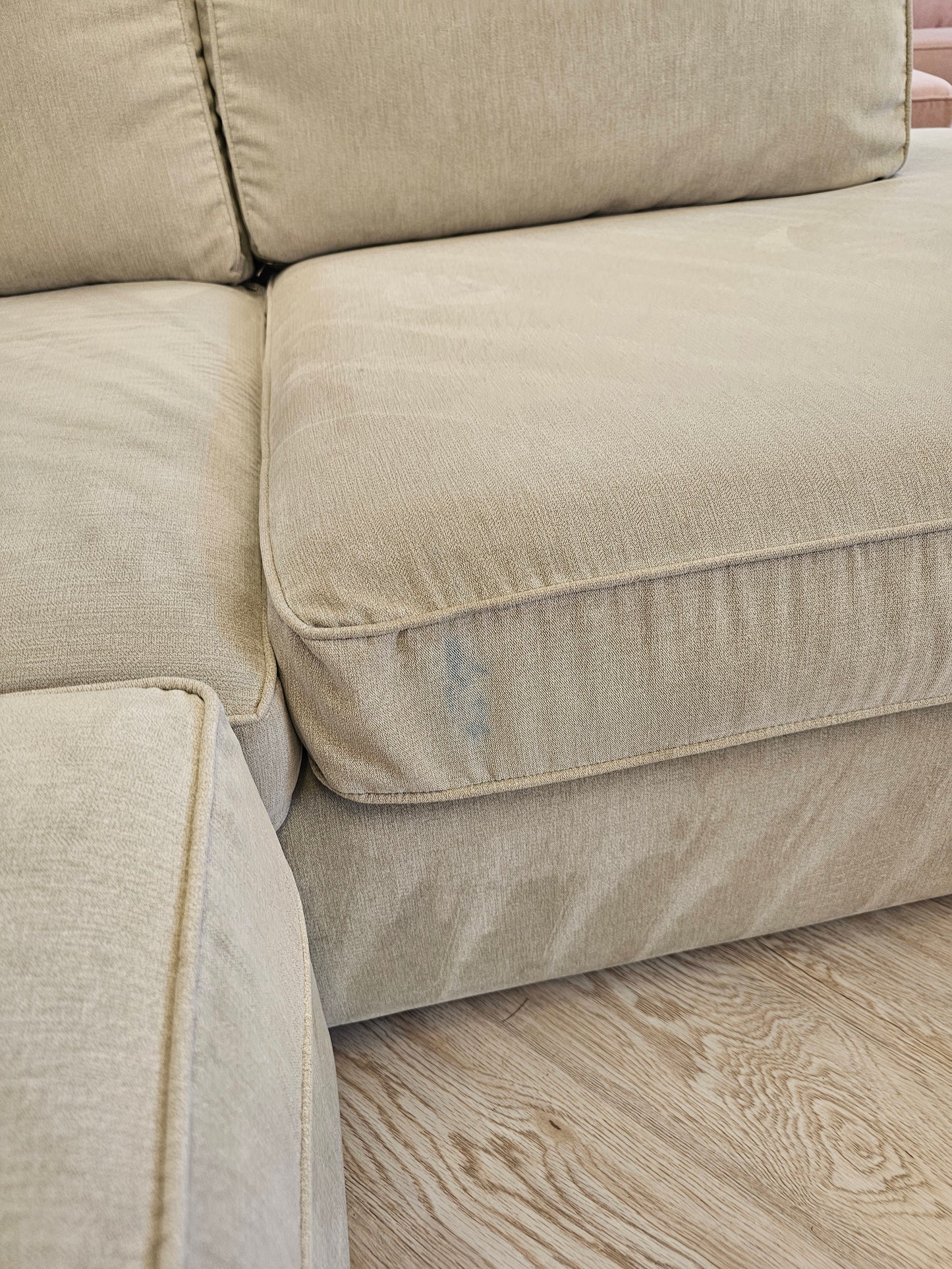 DFS Greige Orka Corner Sofa (minor imperfections hence lower price)@