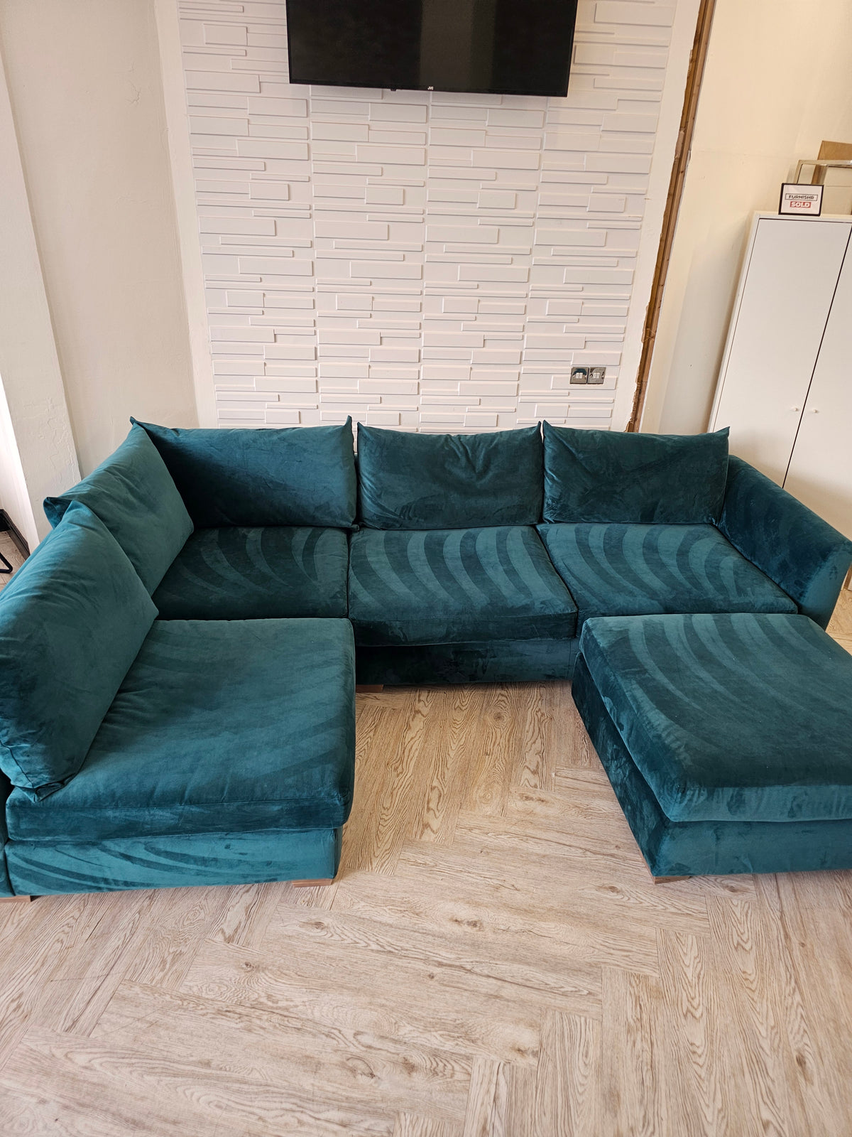 Teal Plush Corner Sofa & Footstool @#