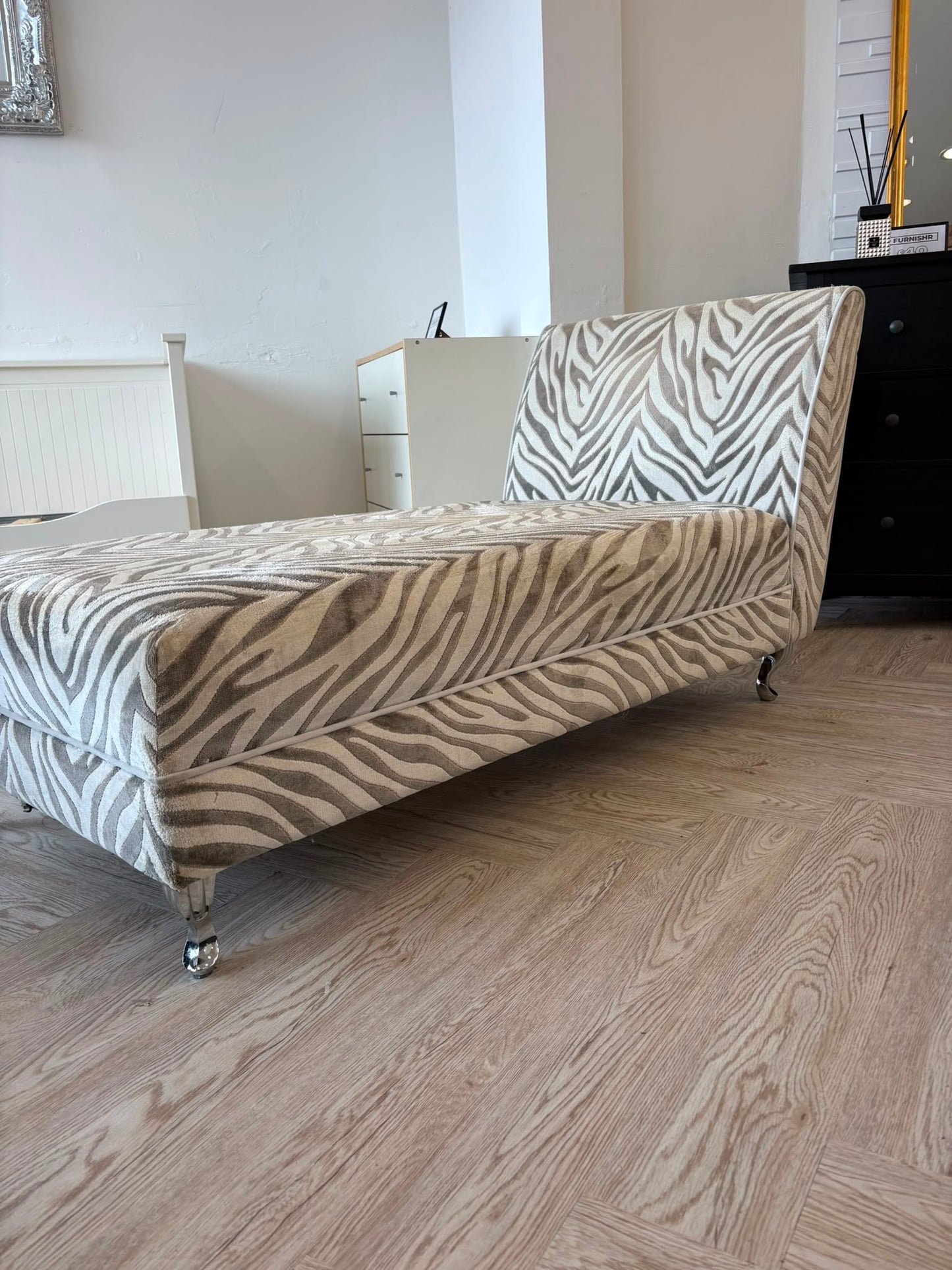DFS Madagascar Zebra Print Chenille Chaise (cleaning required hence lower price)@
