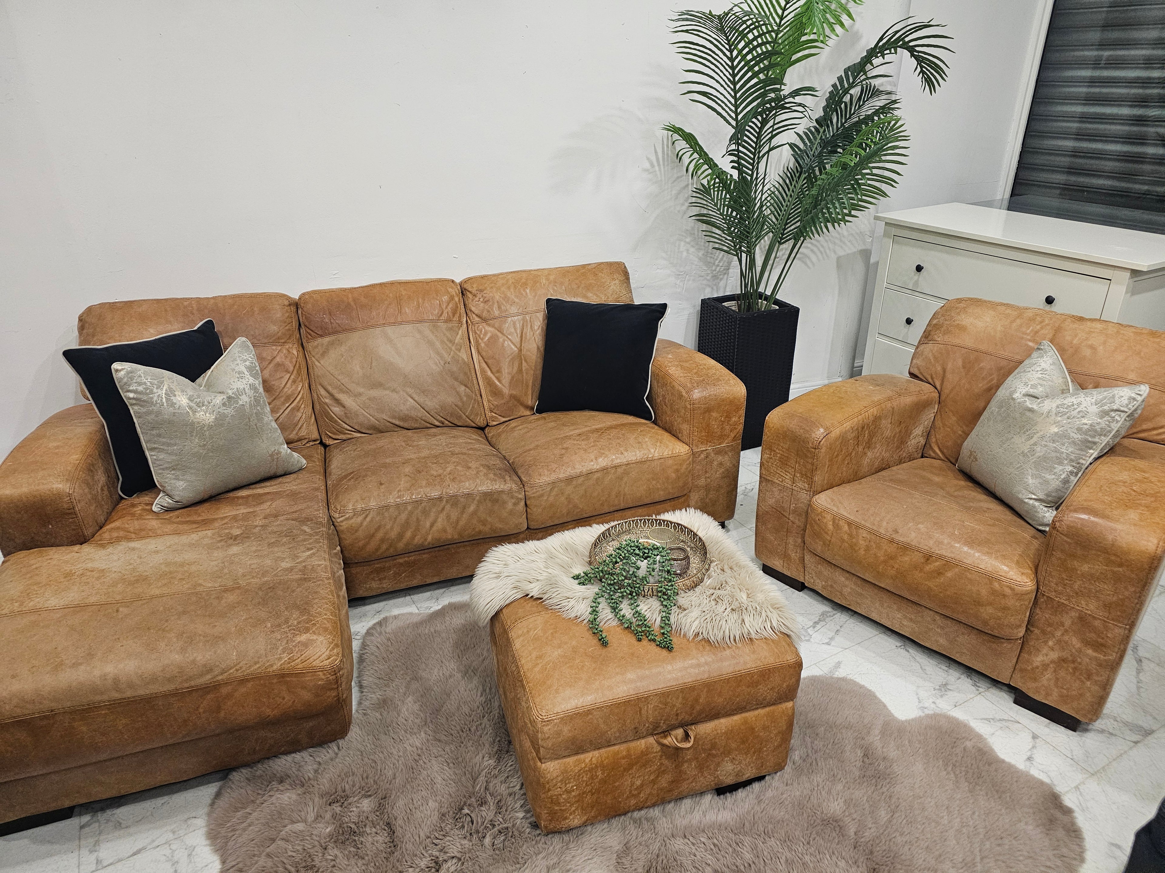 DFS Distressed Tan Leather Corner Sofa, Armchair & Ottoman