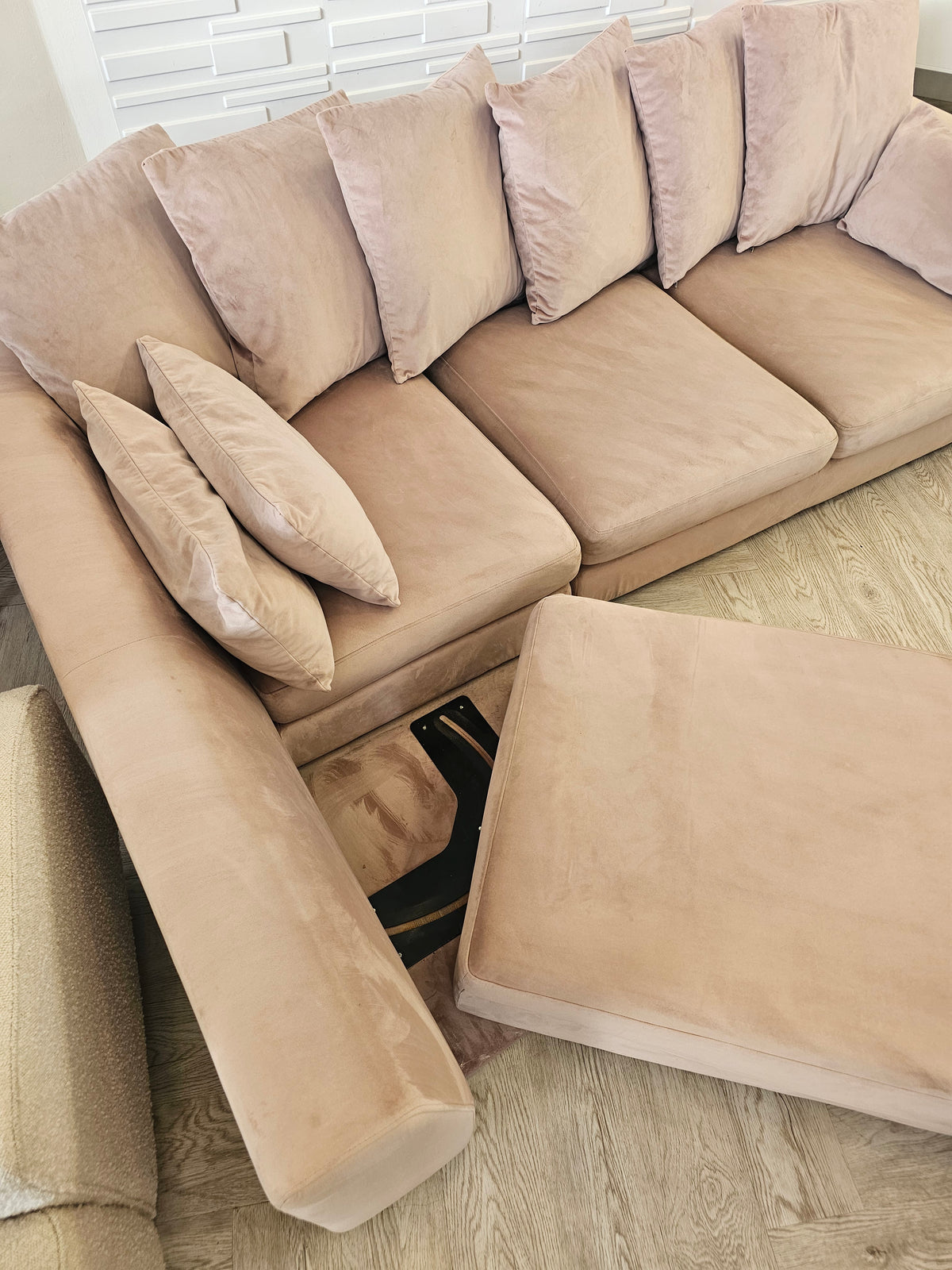 DFS SPINN Swivel Sofa Bed/ Corner Chaise in Blush Plush Pink Fabric @