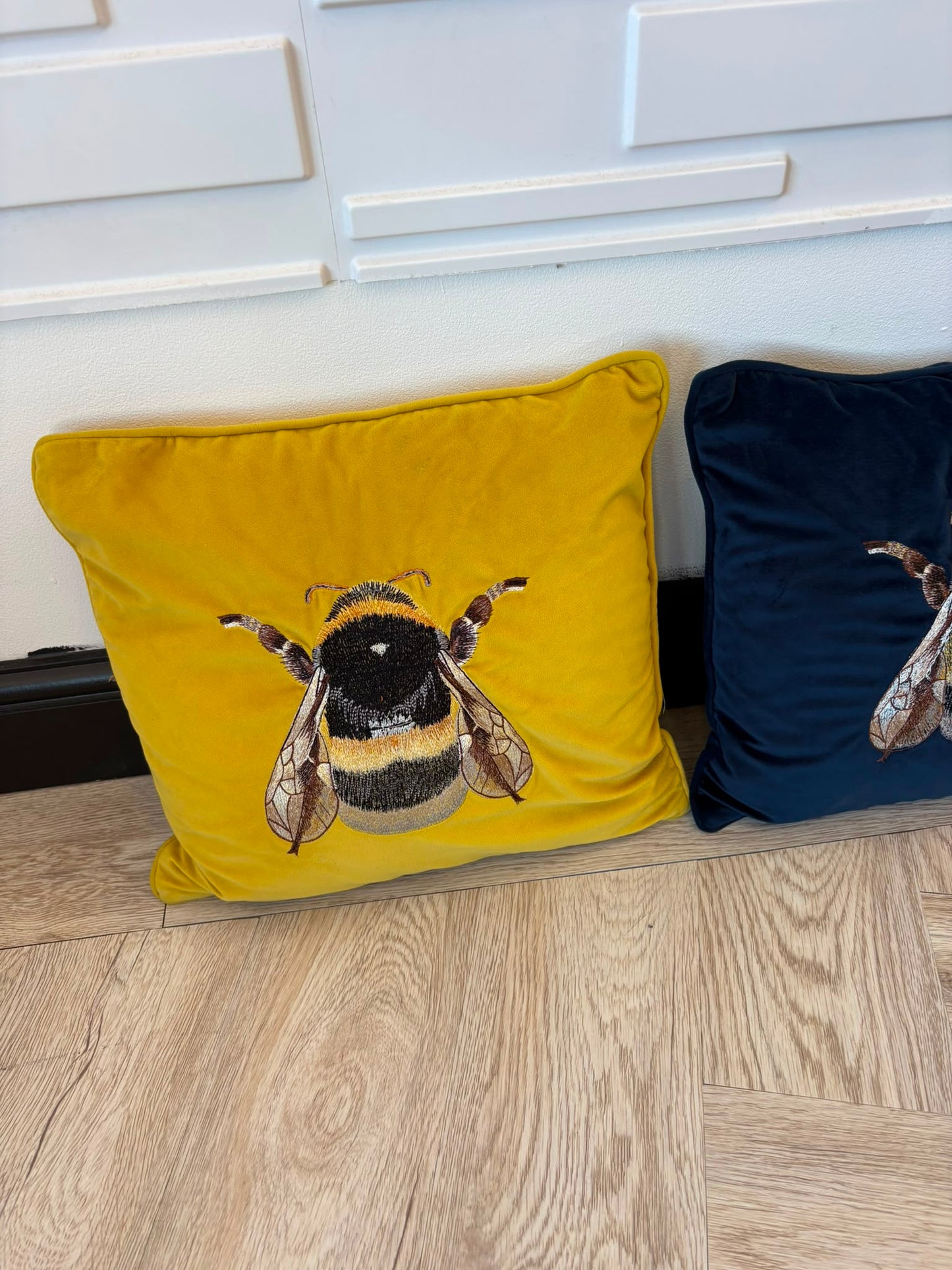 Dunelm Pair of Medium Contrasting Blue & Mustard Velvet Bumblebee Cushions 40cm by 40cm