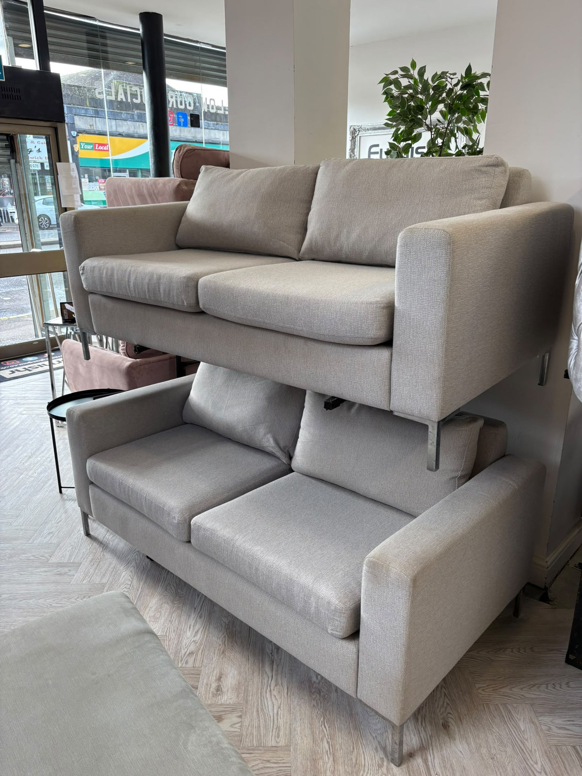 Contemporary Greige Fabric 2 x 2 Seater Sofas #