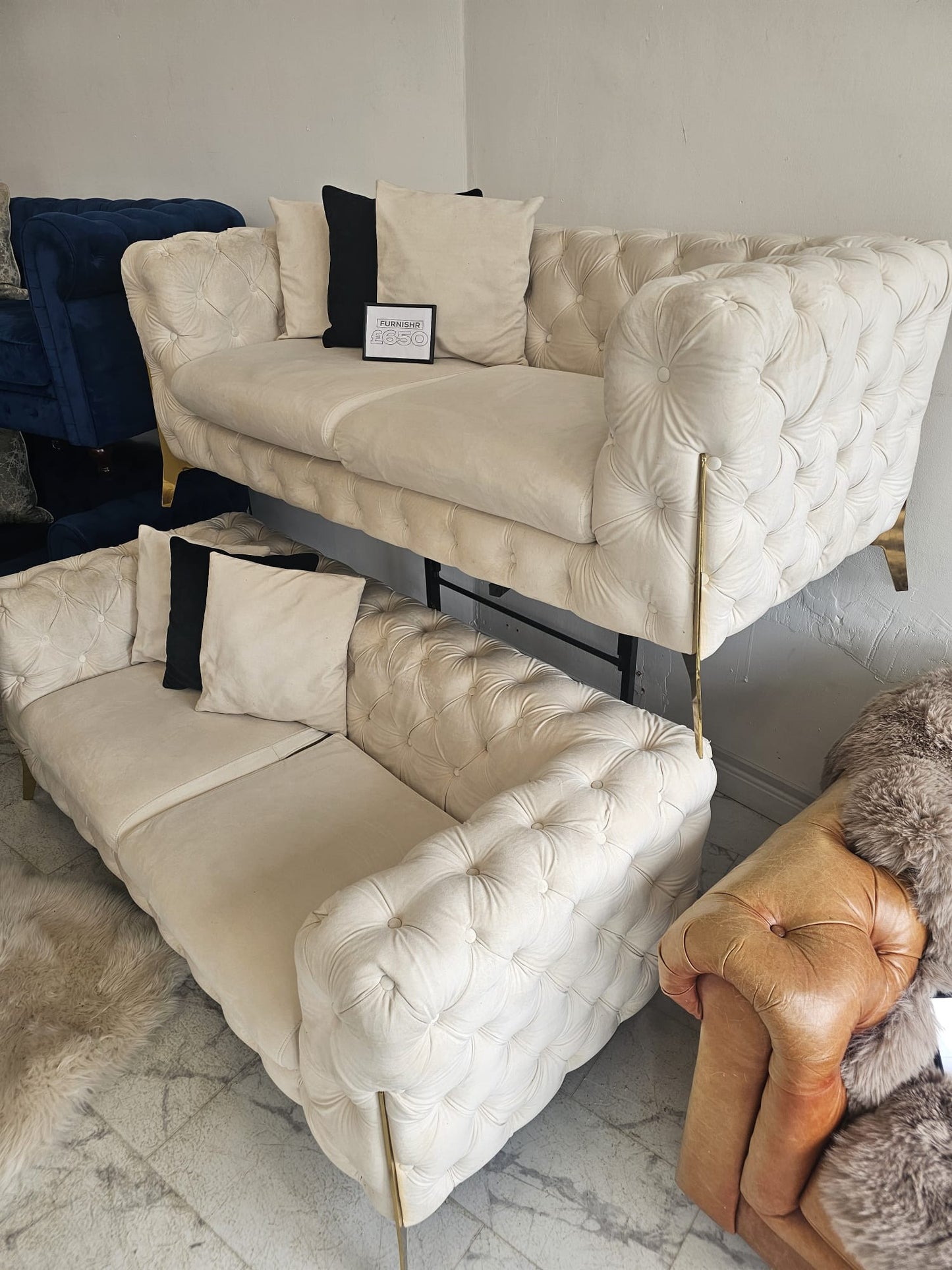 Cream Velour Sofas Chesterfield Style