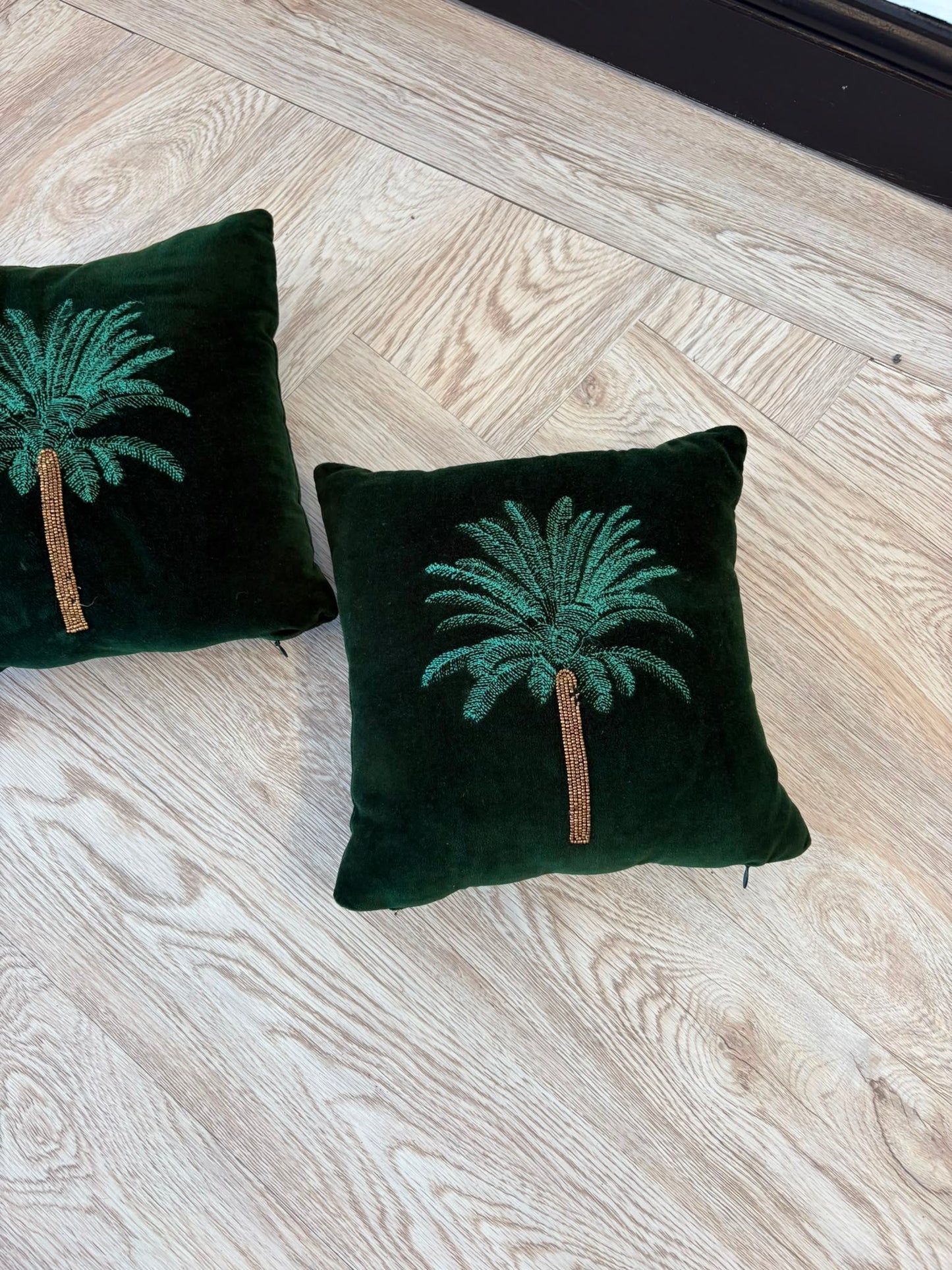 The Range Pair of Small Green Velvet Palmtree Cushions 28cm by 28cm