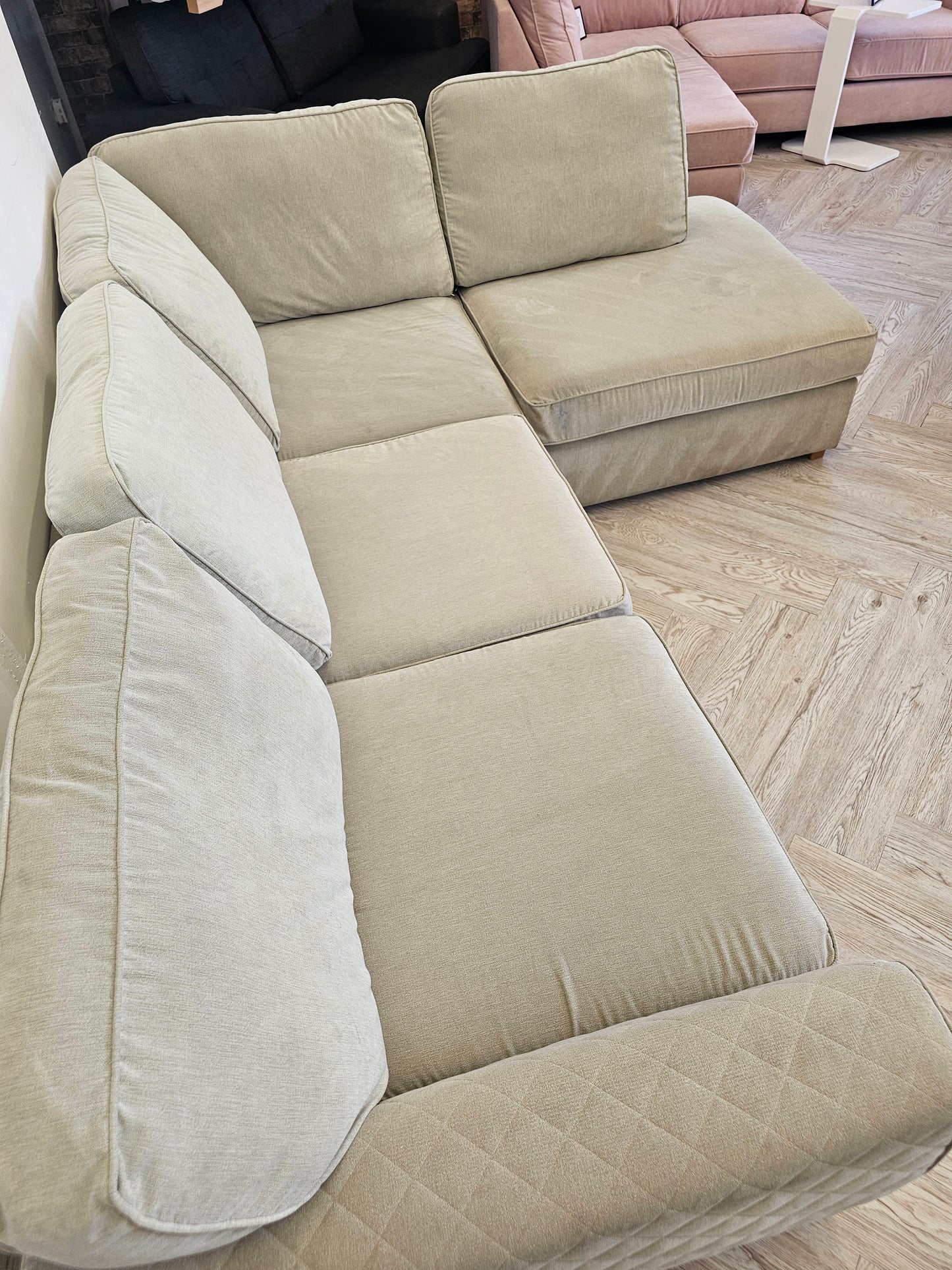 DFS Greige Orka Corner Sofa (minor imperfections hence lower price)@