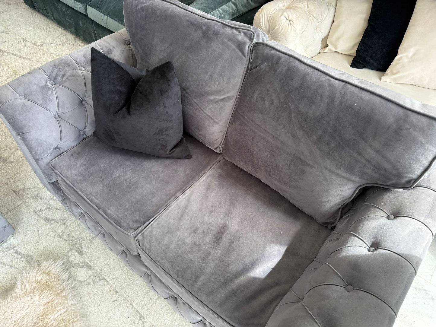 2 x 2 Seater Grey Velvet Chesterfield  Sofas