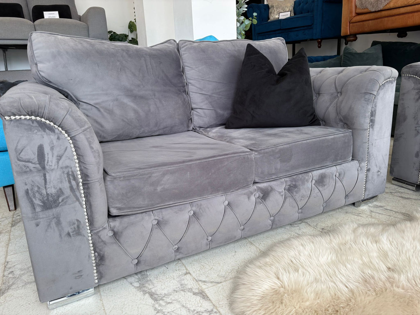 2 x 2 Seater Grey Velvet Chesterfield  Sofas