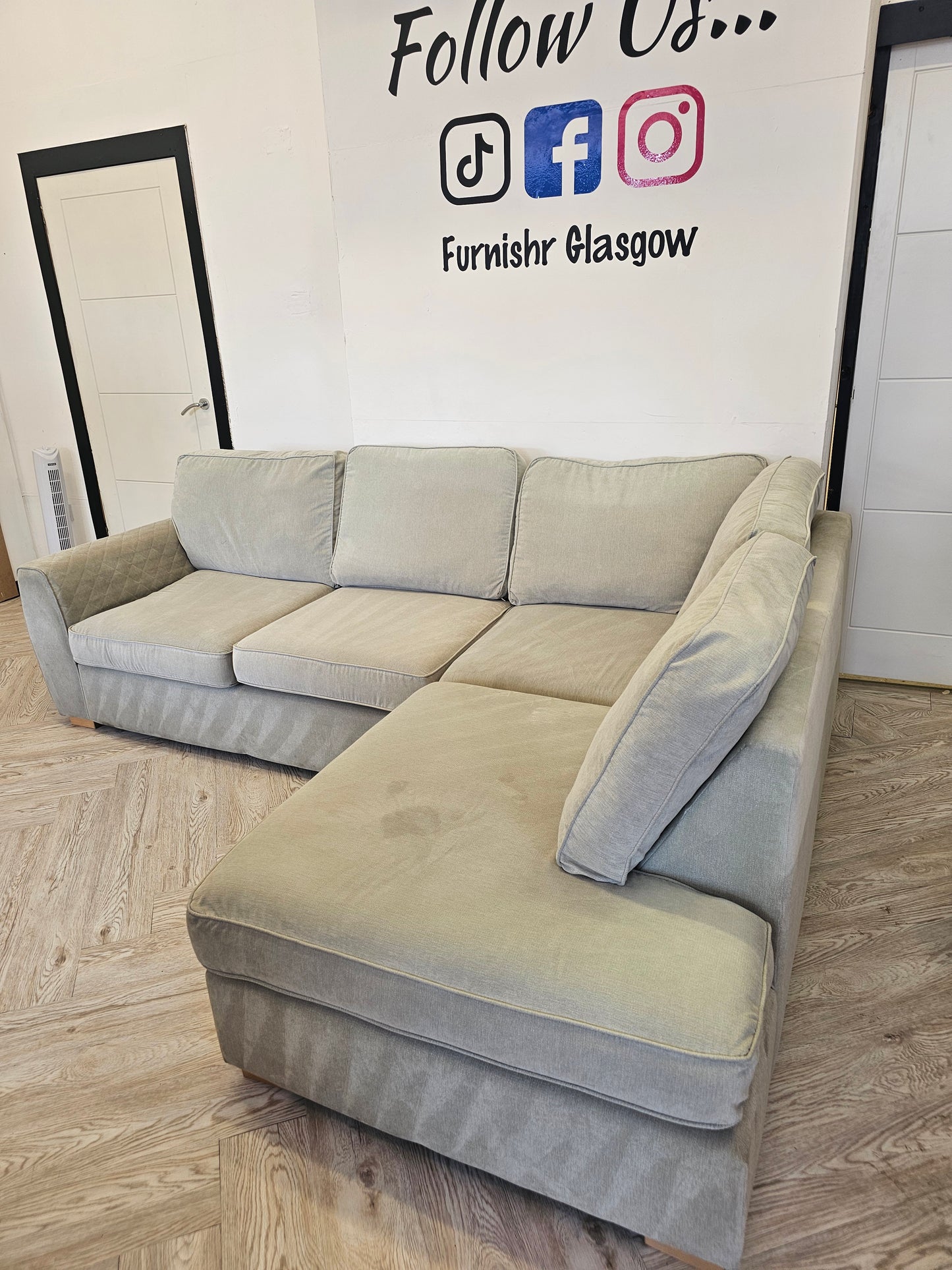 DFS Greige Orka Corner Sofa (minor imperfections hence lower price)@