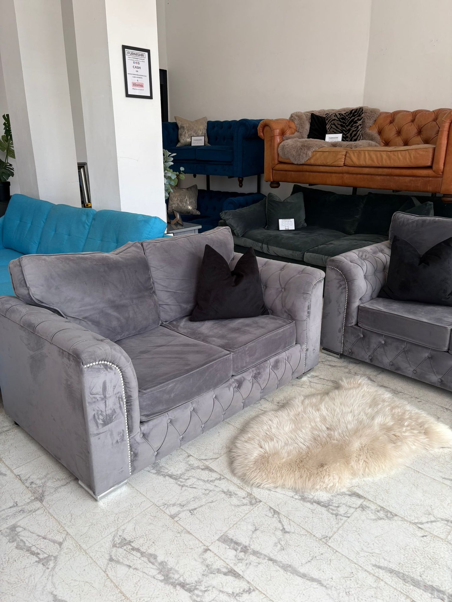 2 x 2 Seater Grey Velvet Chesterfield  Sofas