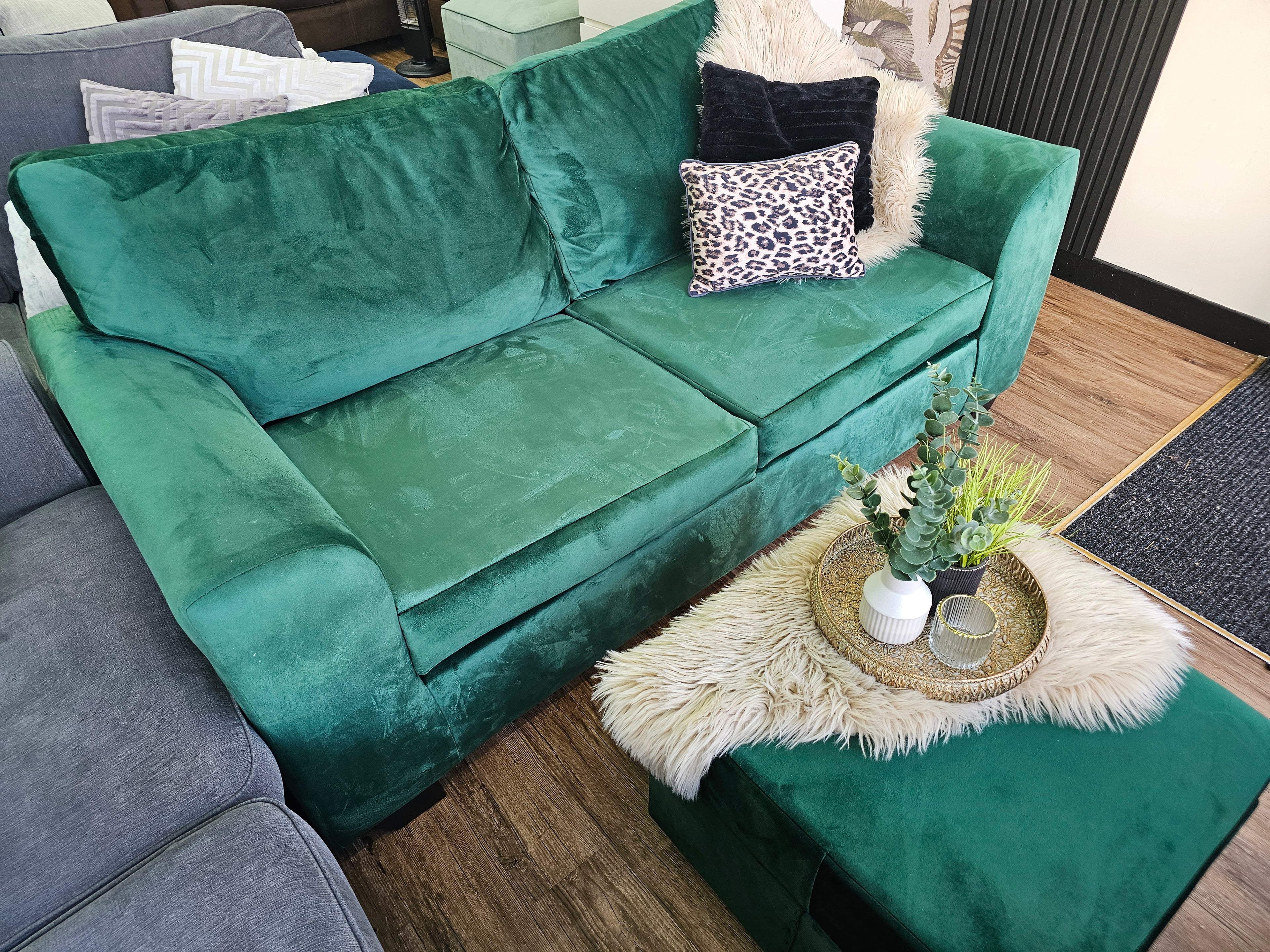 Emerald Green Velvet 2 Seater Sofa & Pouffe