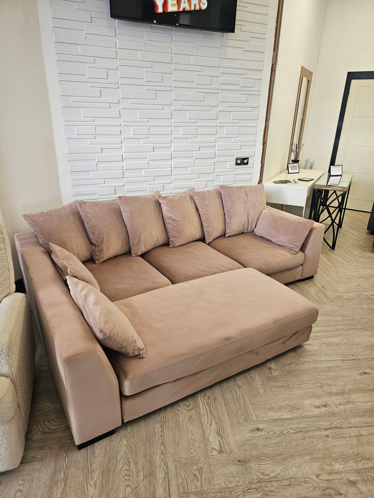 DFS SPINN Swivel Sofa Bed/ Corner Chaise in Blush Plush Pink Fabric @