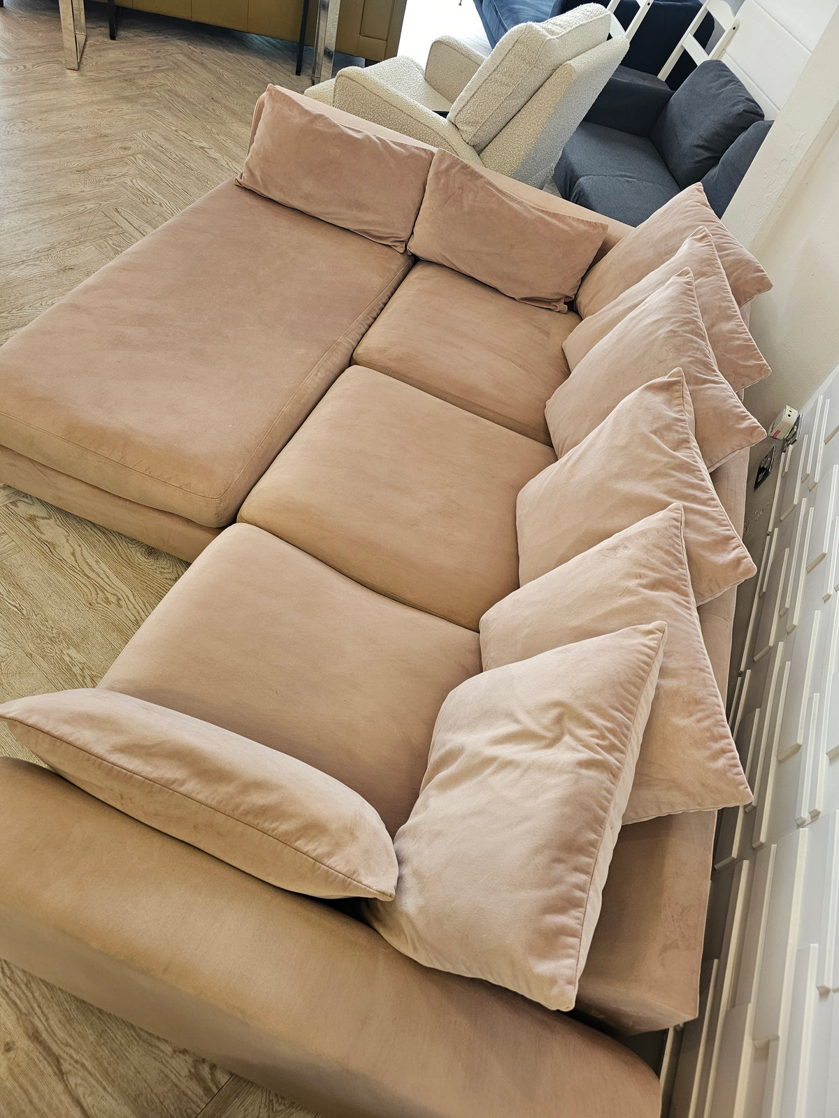 DFS SPINN Swivel Sofa Bed/ Corner Chaise in Blush Plush Pink Fabric @