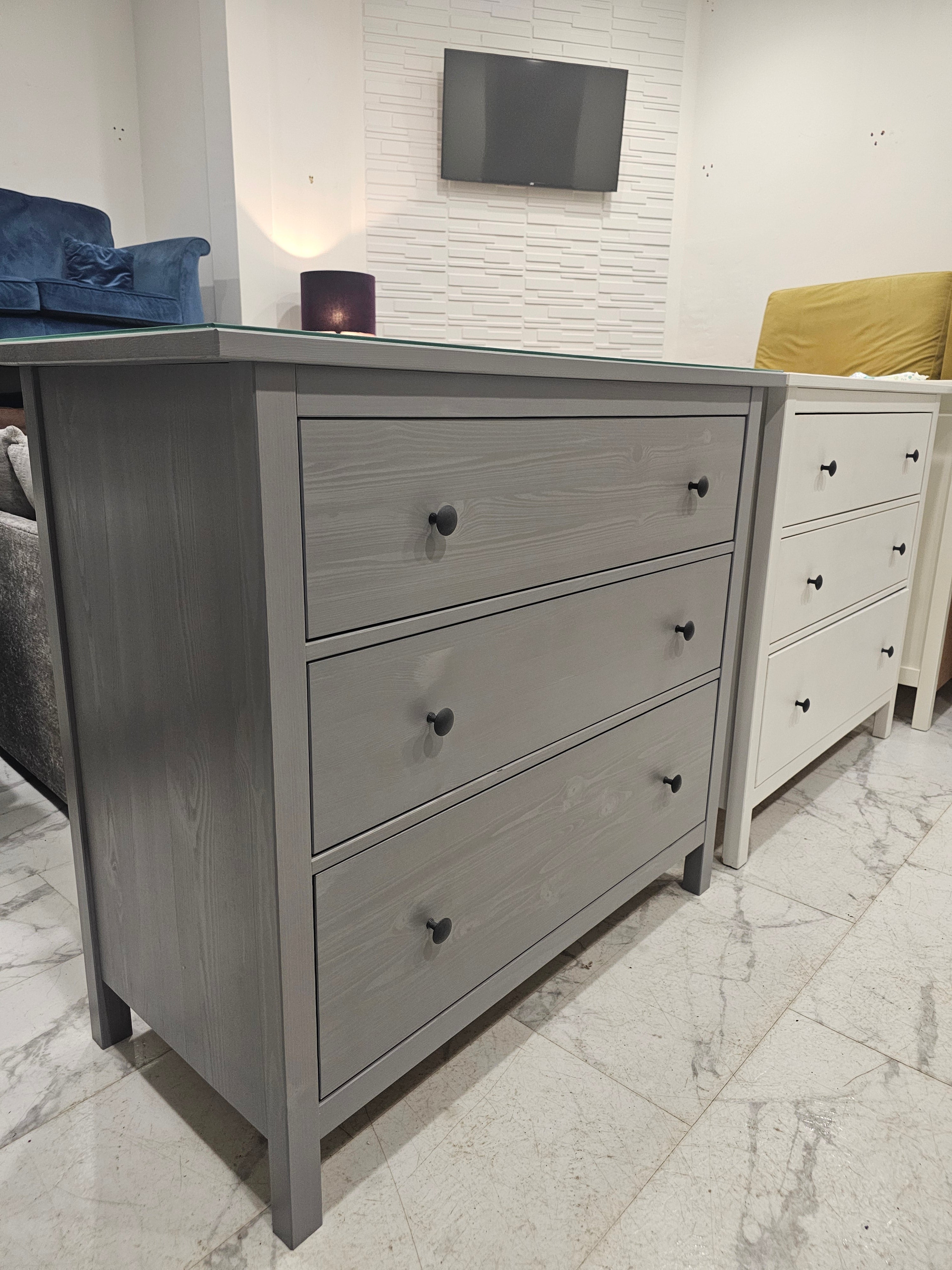 Ikea Hemnes 3 Drawer Chest & Glass Top grey stain finish