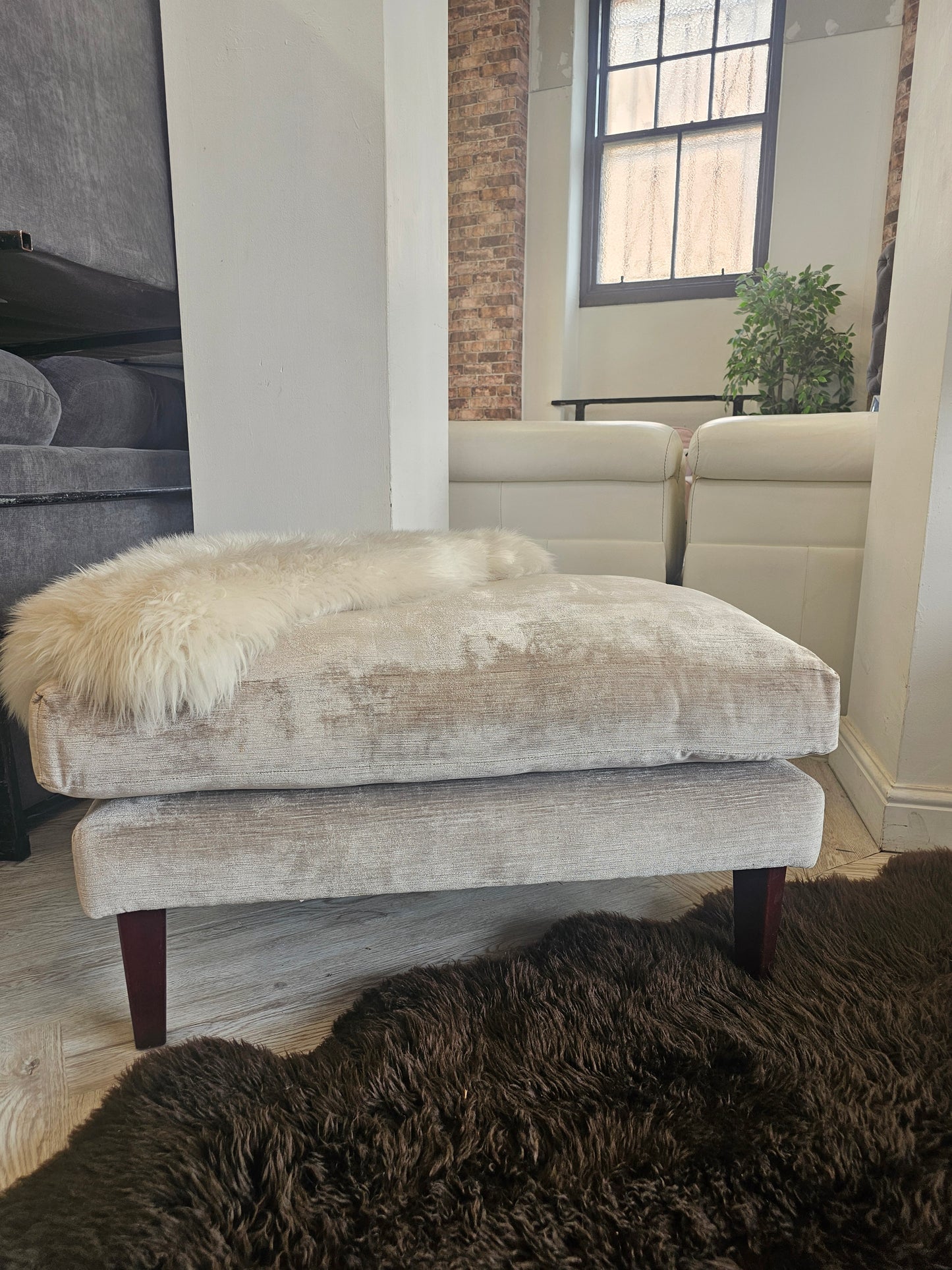Large Champagne Chenille Footstool @