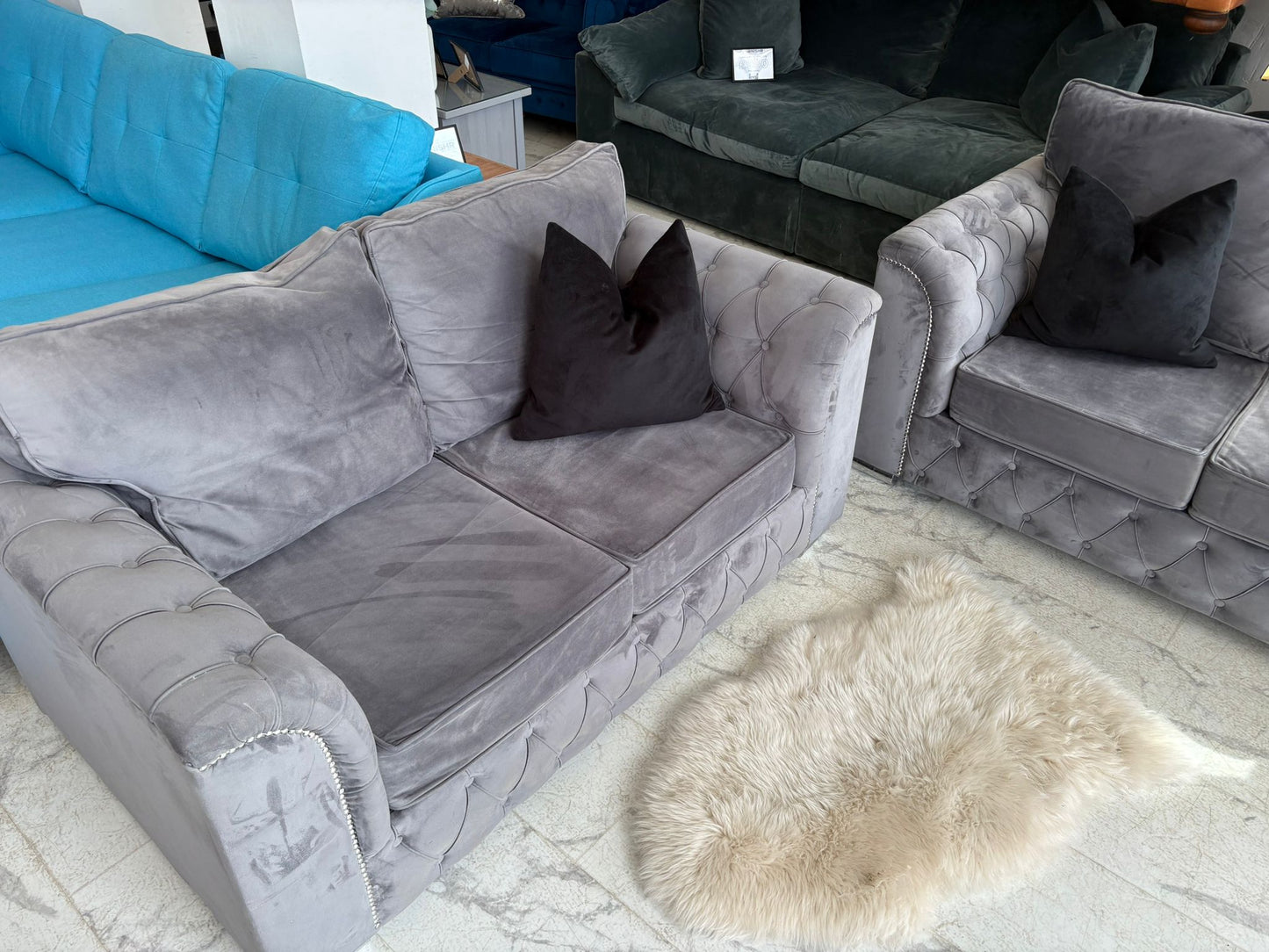 2 x 2 Seater Grey Velvet Chesterfield  Sofas