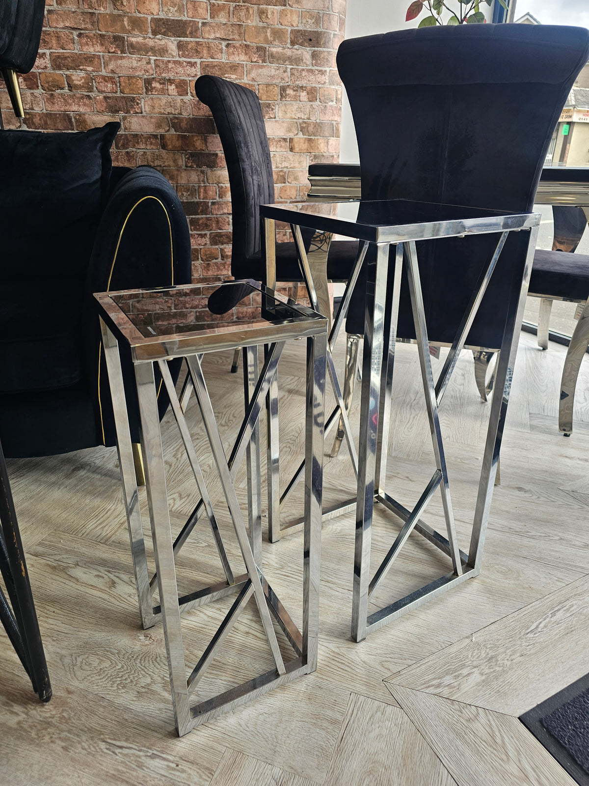 Tall Side Tables/ Plant Stands in Chrome & Black Glass @