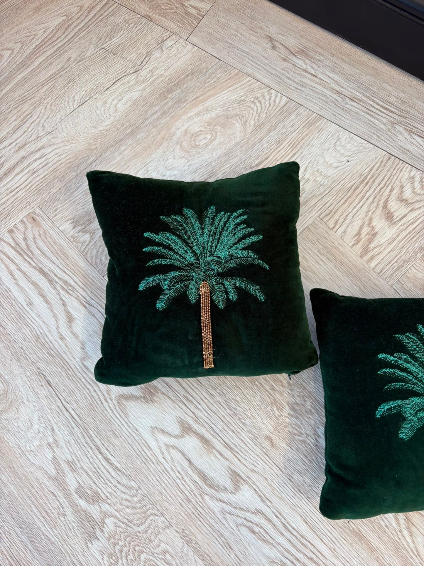 The Range Pair of Small Green Velvet Palmtree Cushions 28cm by 28cm