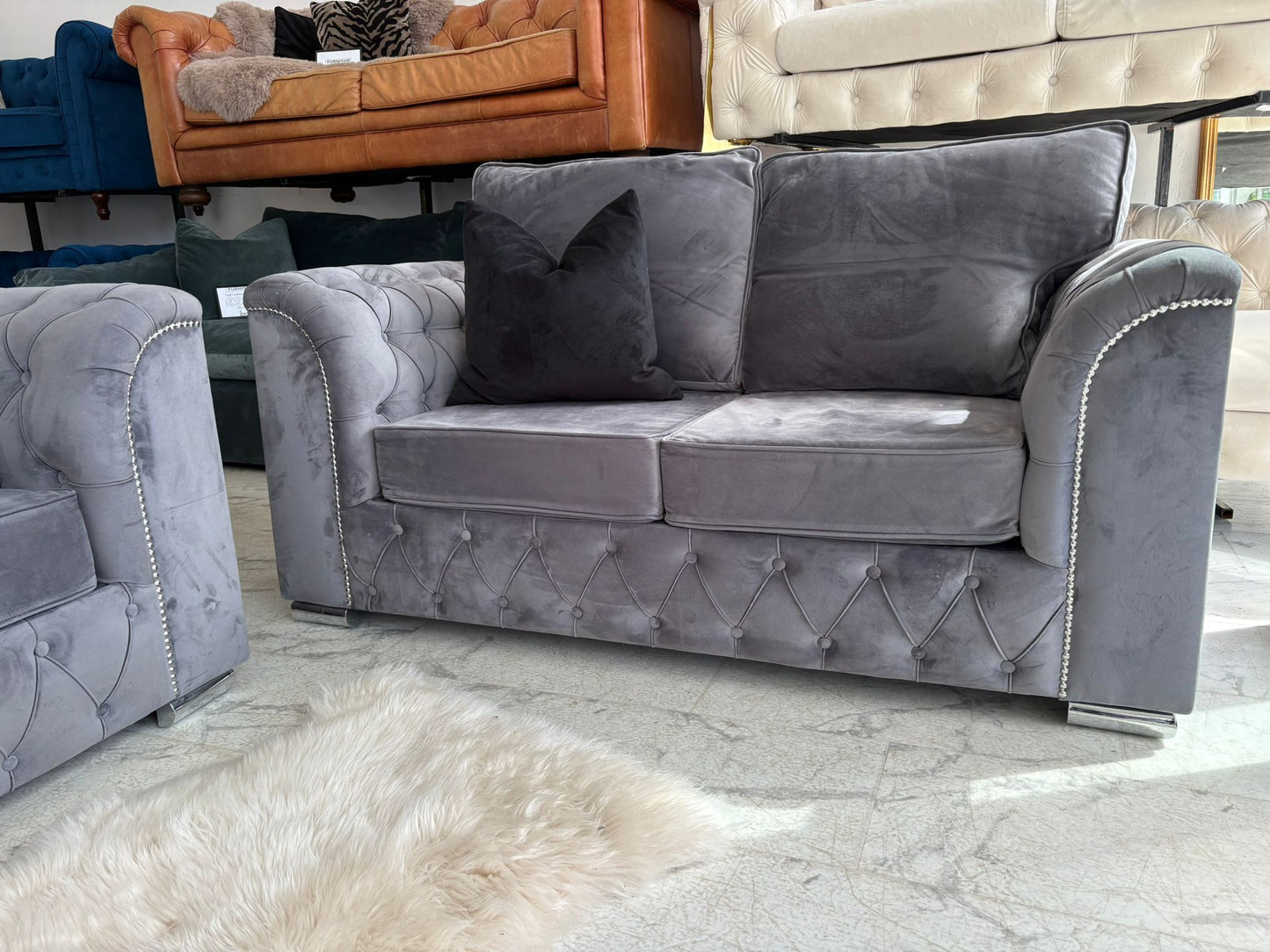 2 x 2 Seater Grey Velvet Chesterfield  Sofas