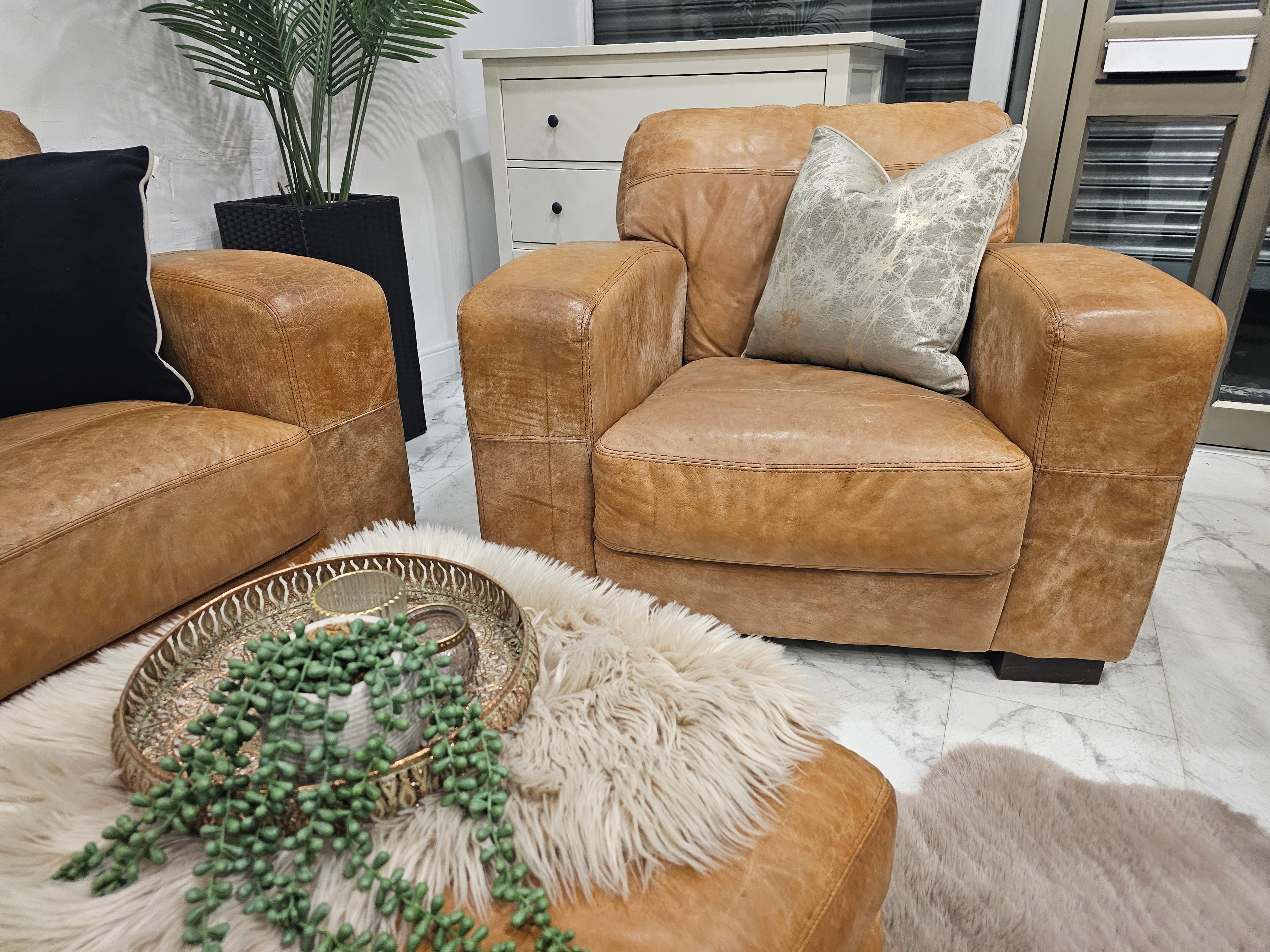DFS Distressed Tan Leather Corner Sofa, Armchair & Ottoman